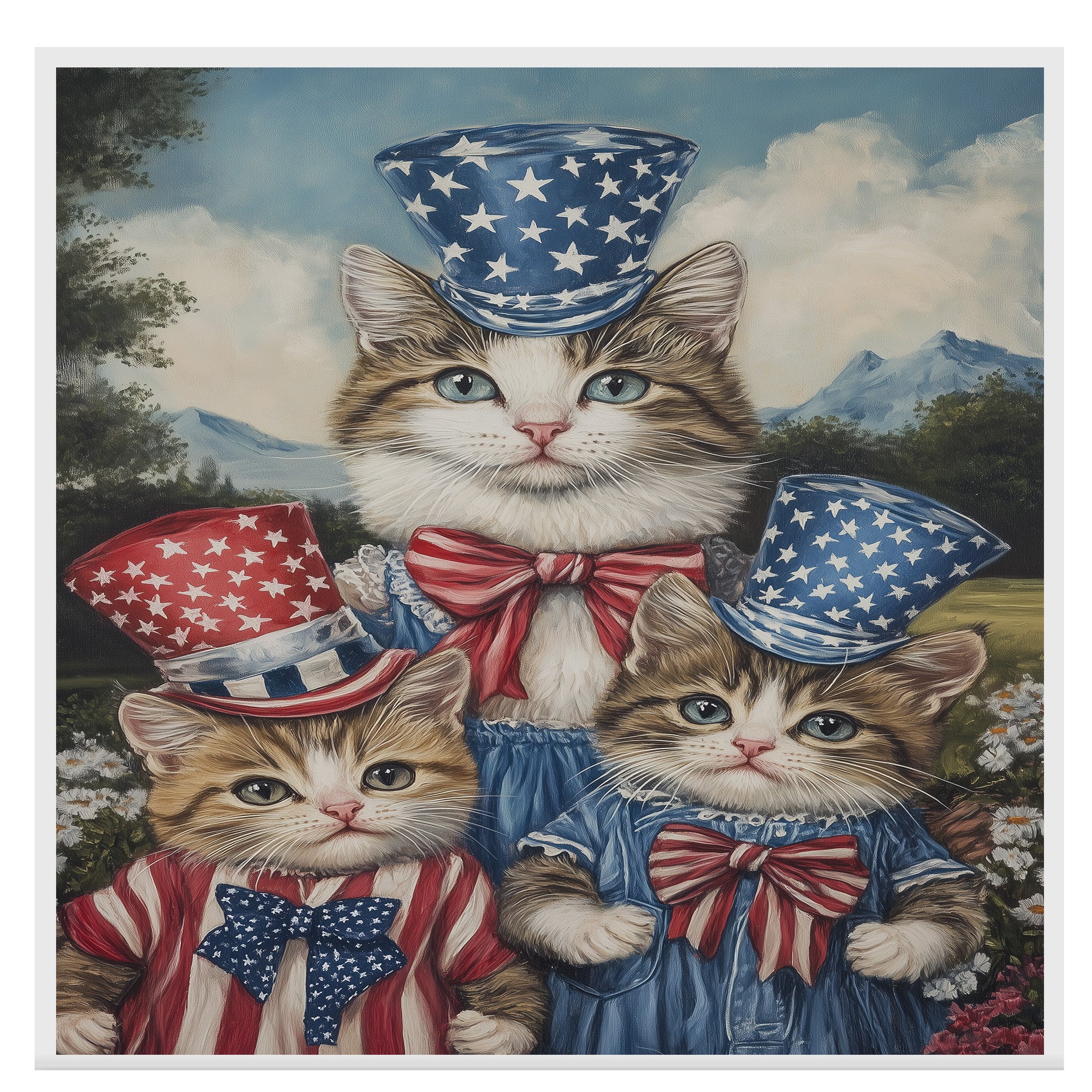 Mother Cat and Three Kittens in Red White and Blue Starry Outfits with Top Hats and Bows in Charming Oil Painting on Ready to Hang 1.5" Thick Canvas Wrap, Floating Framed Canvas, Flat Rolled Canvas