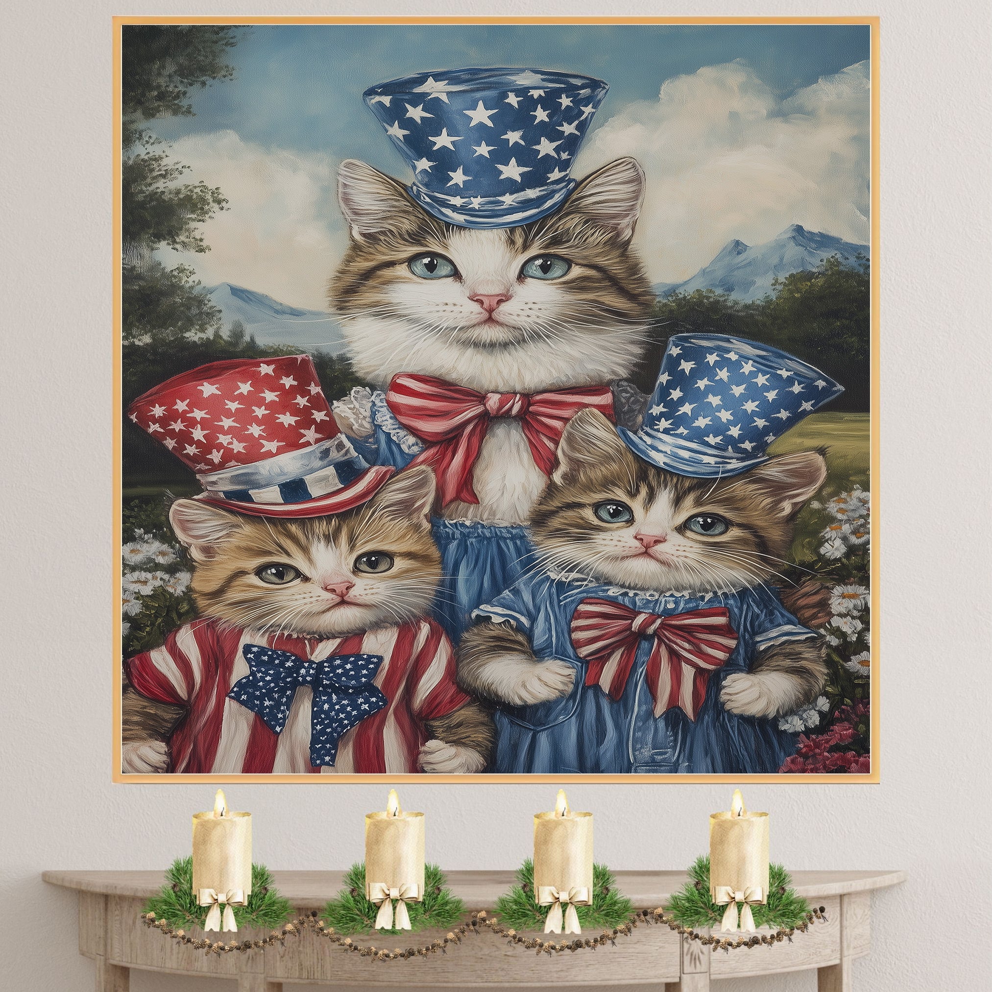 Mother Cat and Three Kittens in Red White and Blue Starry Outfits with Top Hats and Bows in Charming Oil Painting on Ready to Hang 1.5" Thick Canvas Wrap, Floating Framed Canvas, Flat Rolled Canvas