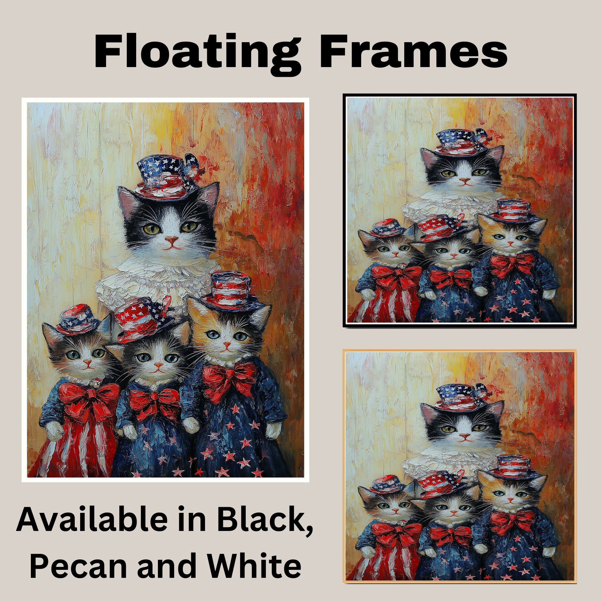 Mother Cat and Three Kittens Dressed in Patriotic Red White and Blue Outfits with Stars and Bows in Oil Painting Style on Ready to Hang 1.5" Thick Canvas Wrap, Floating Framed Canvas, Flat Rolled Canvas