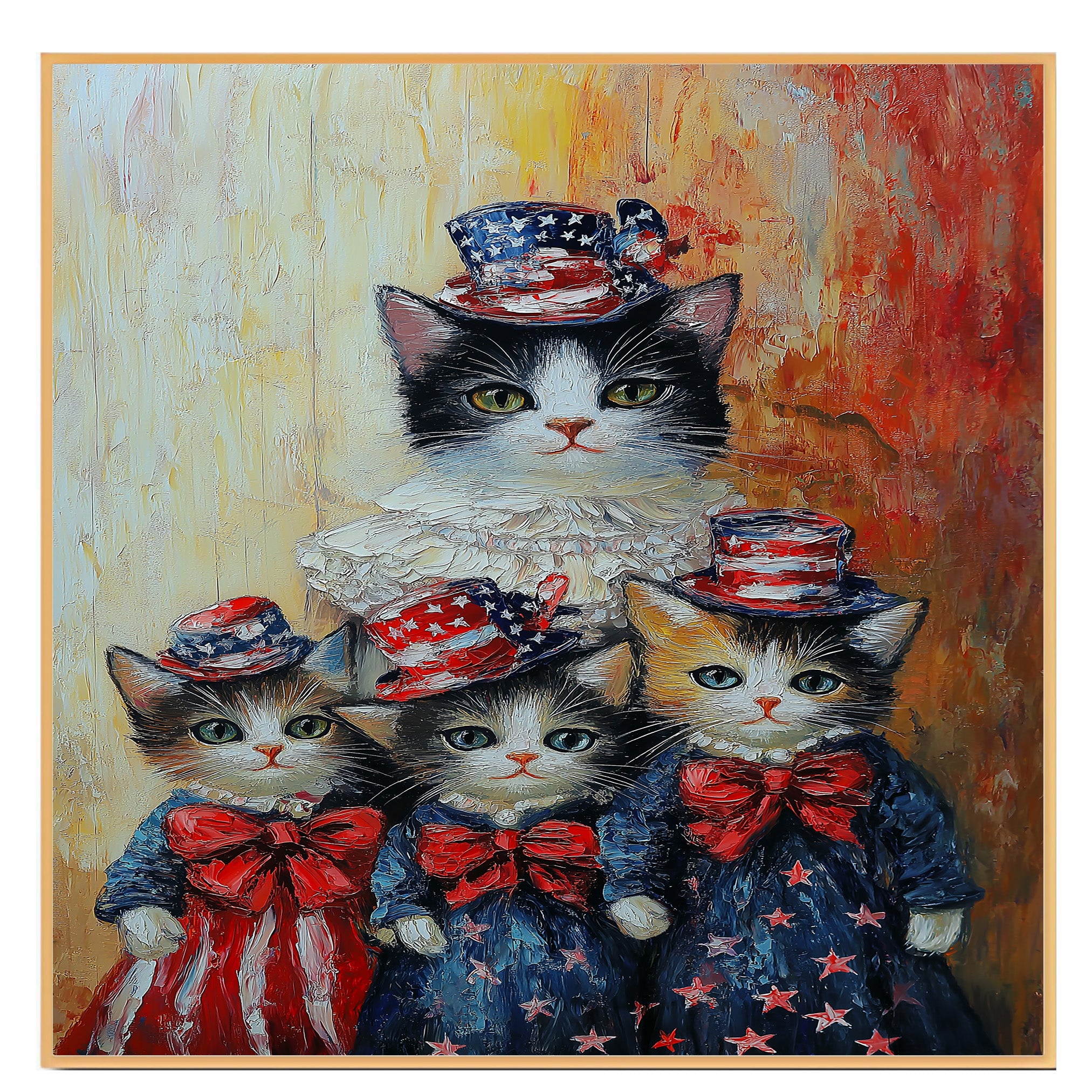 Mother Cat and Three Kittens Dressed in Patriotic Red White and Blue Outfits with Stars and Bows in Oil Painting Style on Ready to Hang 1.5" Thick Canvas Wrap, Floating Framed Canvas, Flat Rolled Canvas