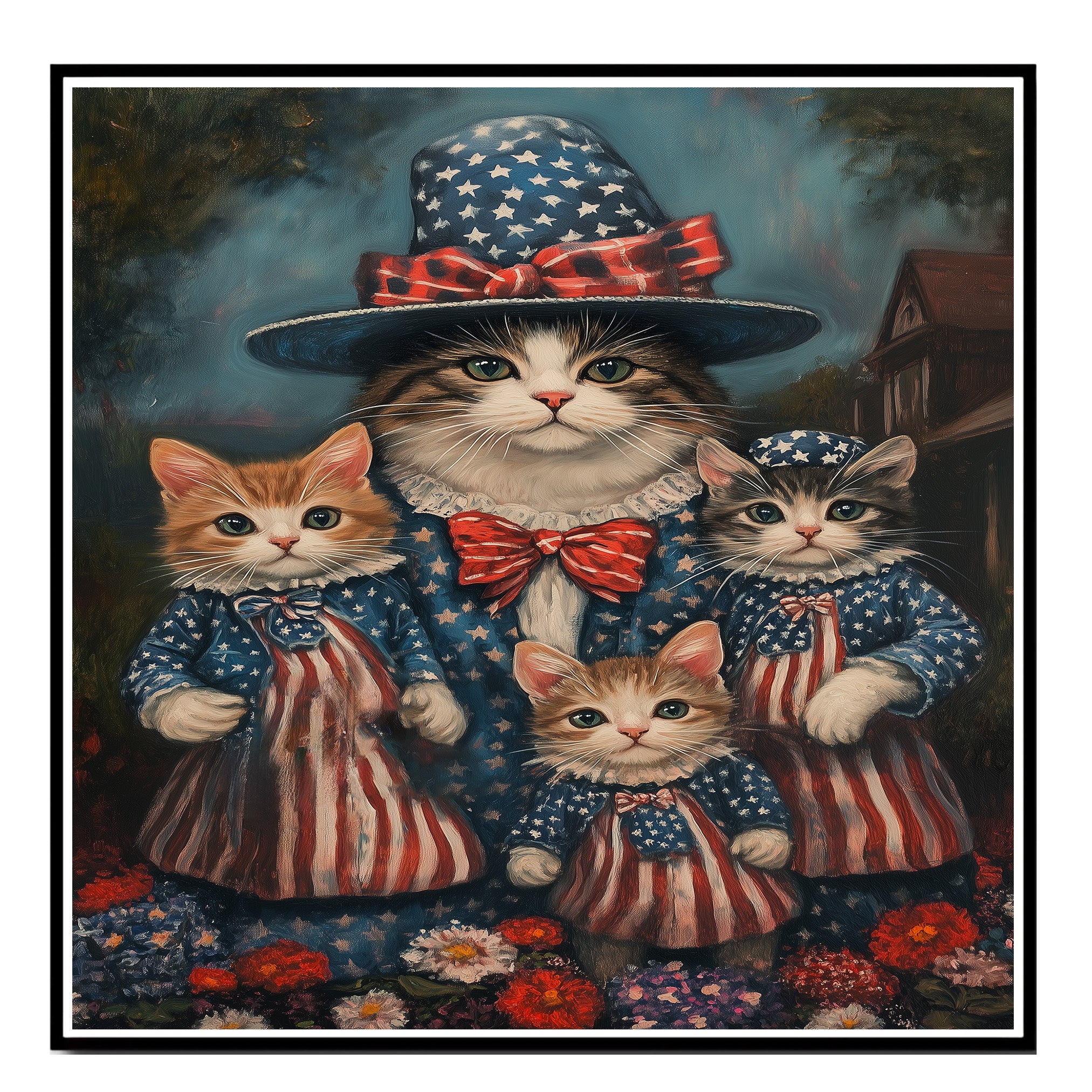 Mother Cat and Three Kittens in Patriotic Outfits with Red White and Blue Hats and Bows in Oil Painting Style on Ready to Hang 1.5" Thick Canvas Wrap, Floating Framed Canvas, Flat Rolled Canvas