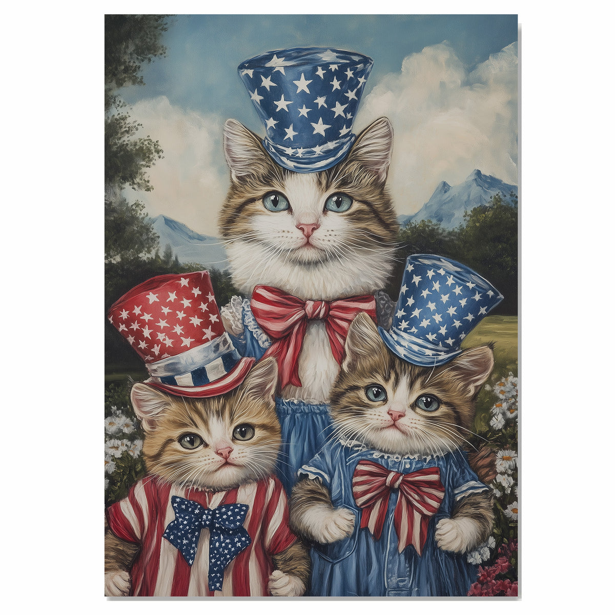 Mother Cat and Three Kittens in Red White and Blue Starry Outfits with Top Hats and Bows in Charming Oil Painting on Ready to Hang 1.5" Thick Canvas Wrap, Floating Framed Canvas, Flat Rolled Canvas
