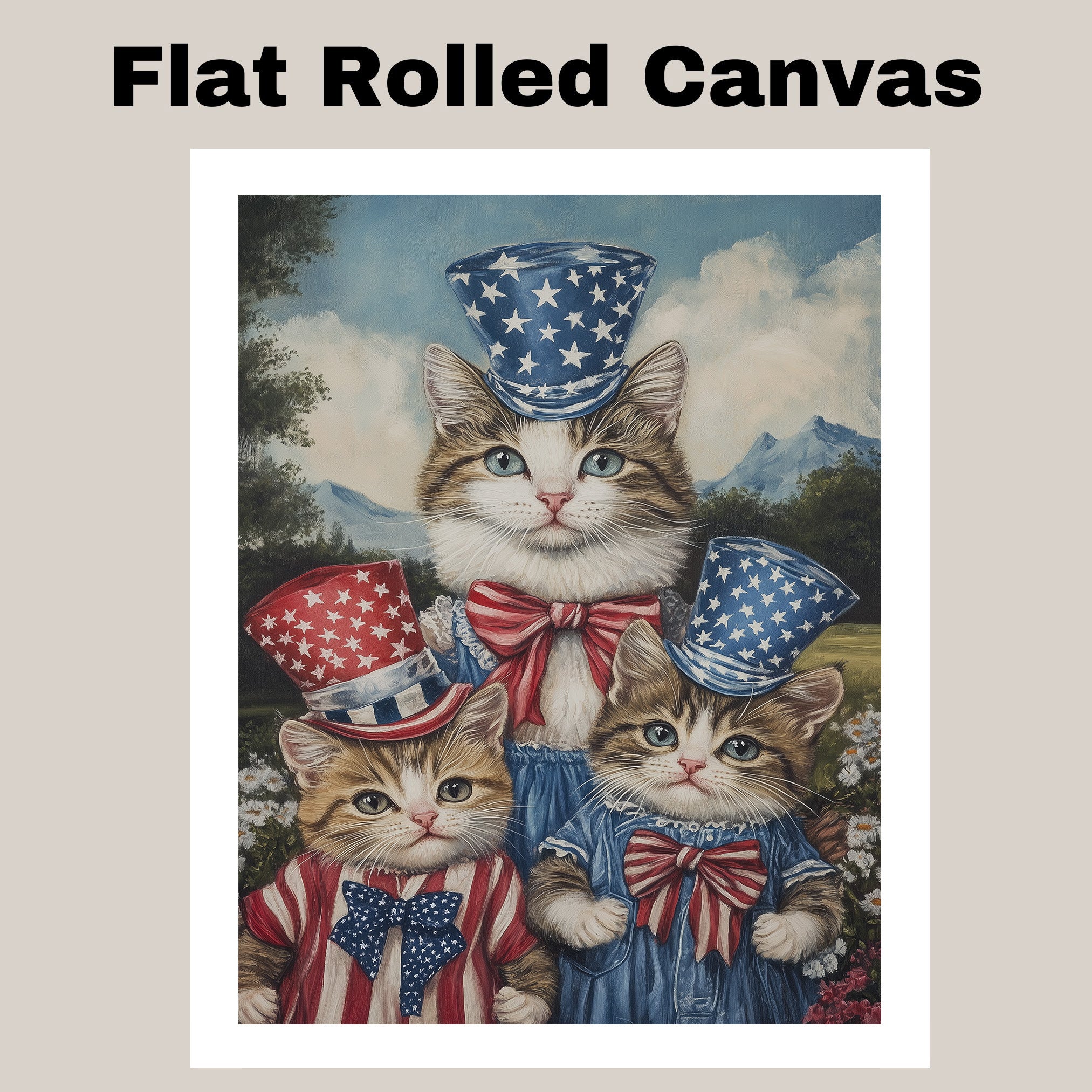 Mother Cat and Three Kittens in Red White and Blue Starry Outfits with Top Hats and Bows in Charming Oil Painting on Ready to Hang 1.5" Thick Canvas Wrap, Floating Framed Canvas, Flat Rolled Canvas
