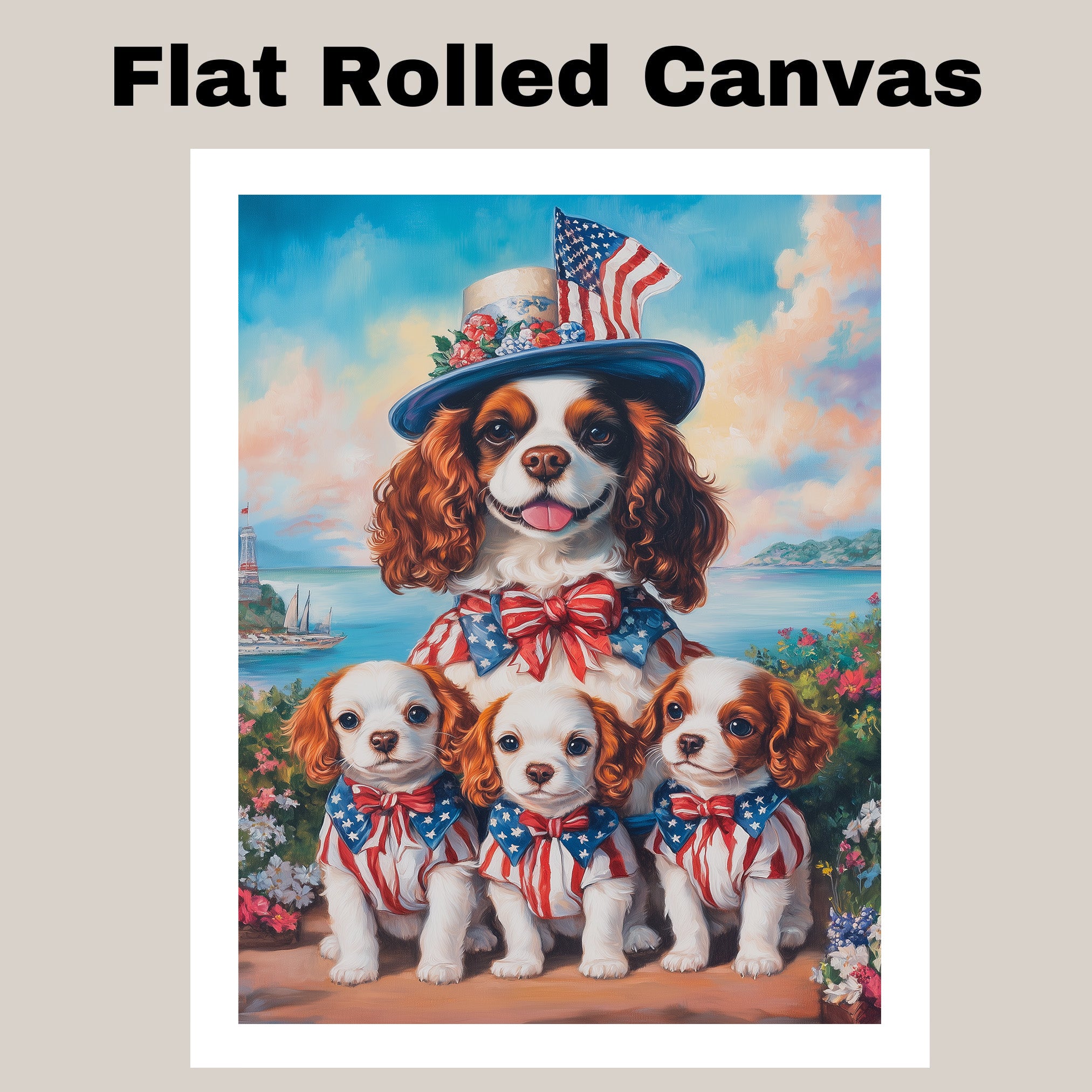 Mother Cavalier King Charles Spaniel with Puppies in Patriotic Outfits and Flag Hat Oil Painting on Ready to Hang 1.5" Thick Canvas Wrap, Floating Framed Canvas, Flat Rolled Canvas
