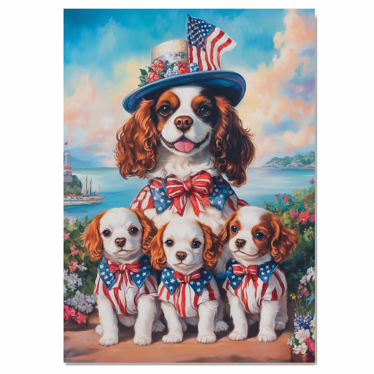 Mother Cavalier King Charles Spaniel with Puppies in Patriotic Outfits and Flag Hat Oil Painting on Ready to Hang 1.5" Thick Canvas Wrap, Floating Framed Canvas, Flat Rolled Canvas