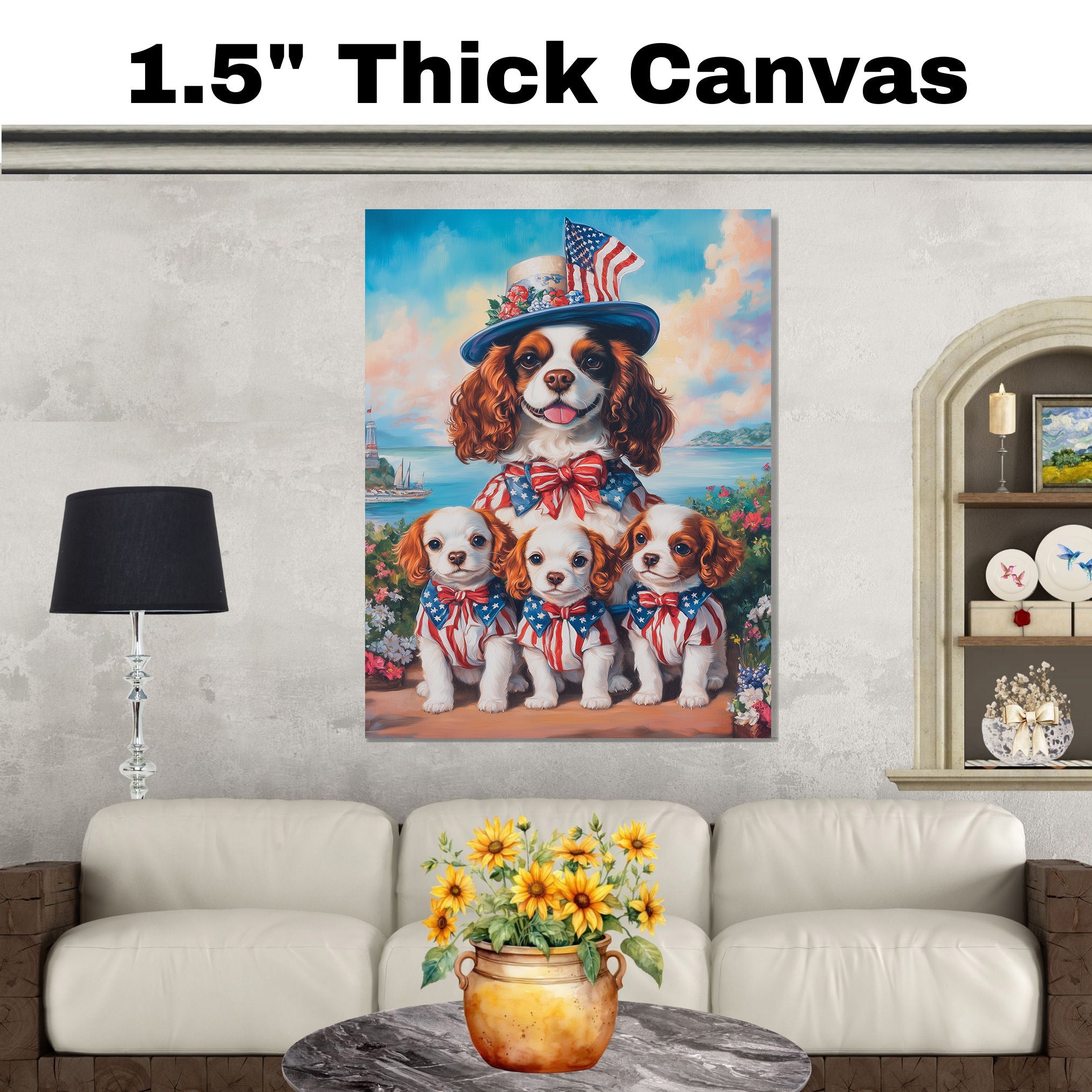 Mother Cavalier King Charles Spaniel with Puppies in Patriotic Outfits and Flag Hat Oil Painting on Ready to Hang 1.5" Thick Canvas Wrap, Floating Framed Canvas, Flat Rolled Canvas