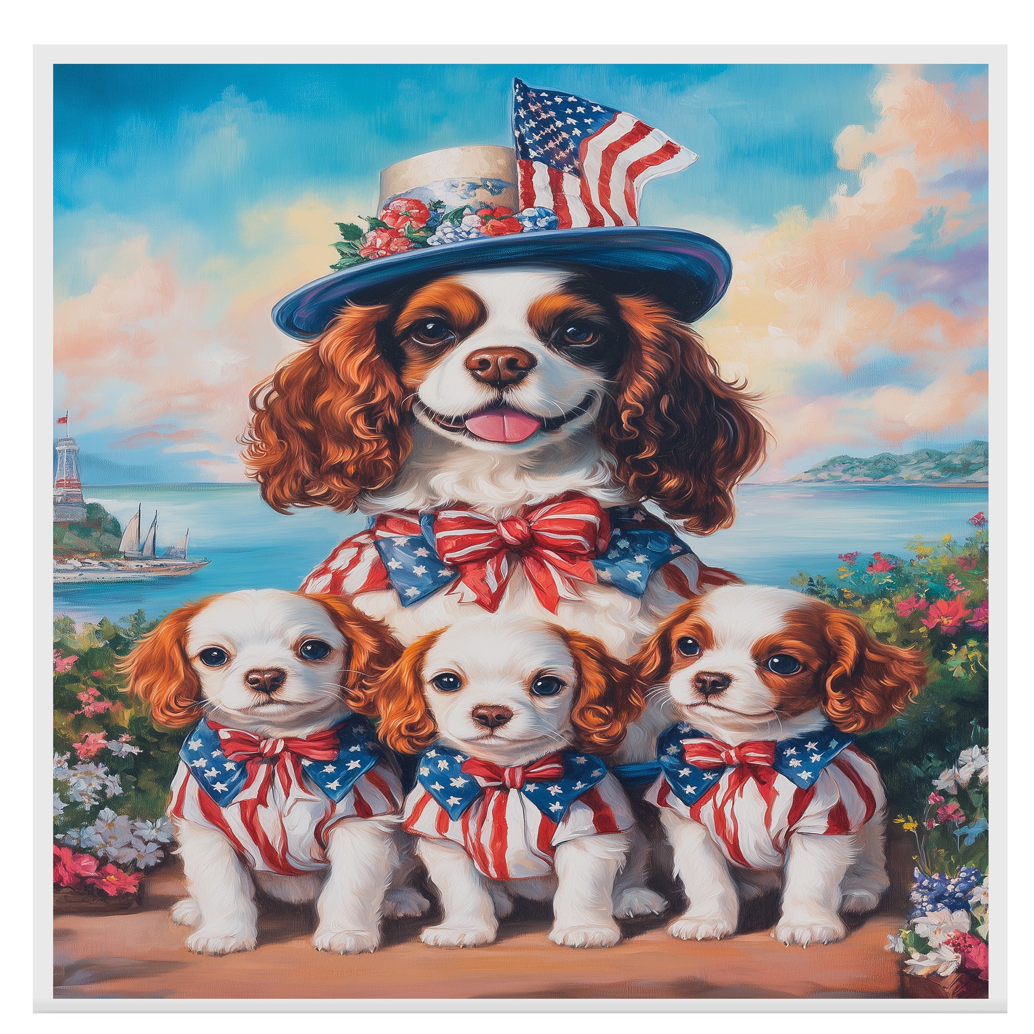 Mother Cavalier King Charles Spaniel with Puppies in Patriotic Outfits and Flag Hat Oil Painting on Ready to Hang 1.5" Thick Canvas Wrap, Floating Framed Canvas, Flat Rolled Canvas