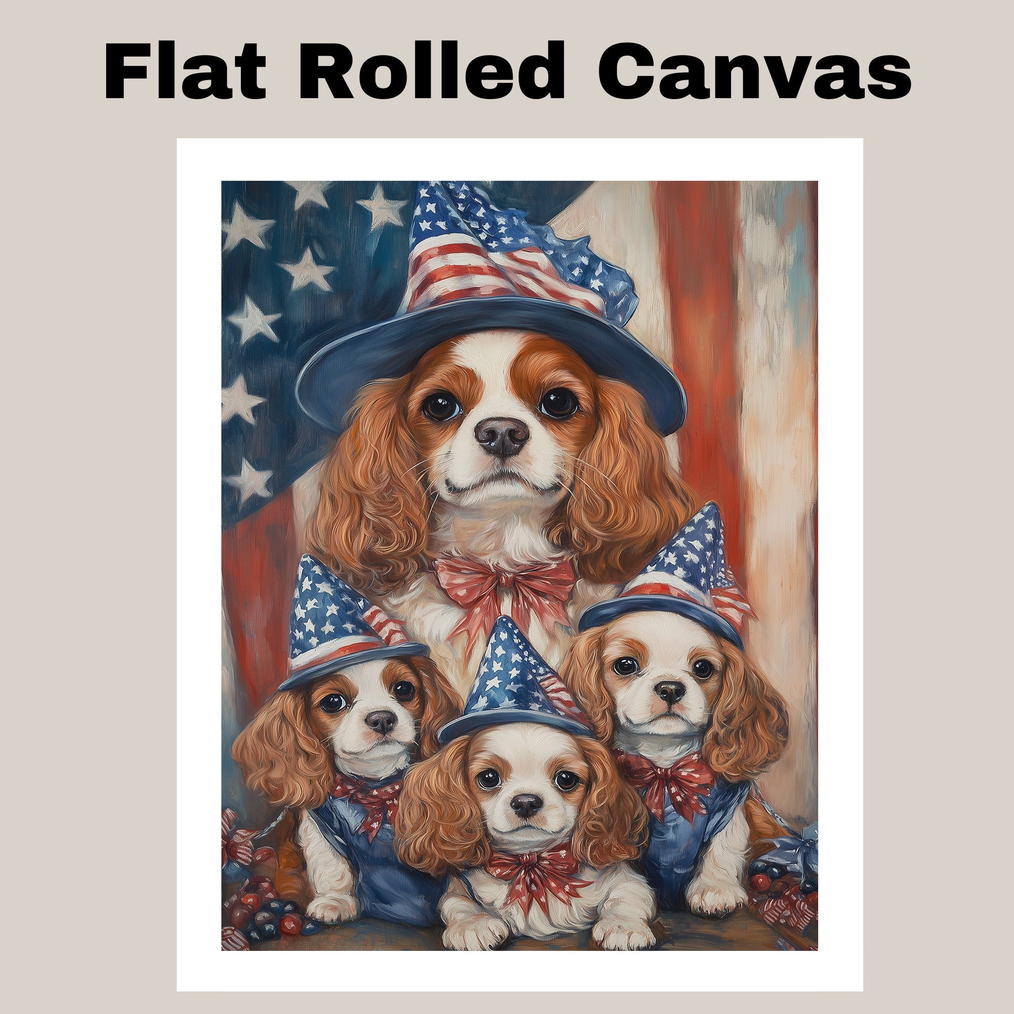 Cavalier King Charles Spaniel Mother and Puppies in Patriotic Hats with American Flag Background Oil Painting on Ready to Hang 1.5" Thick Canvas Wrap, Floating Framed Canvas, Flat Rolled Canvas