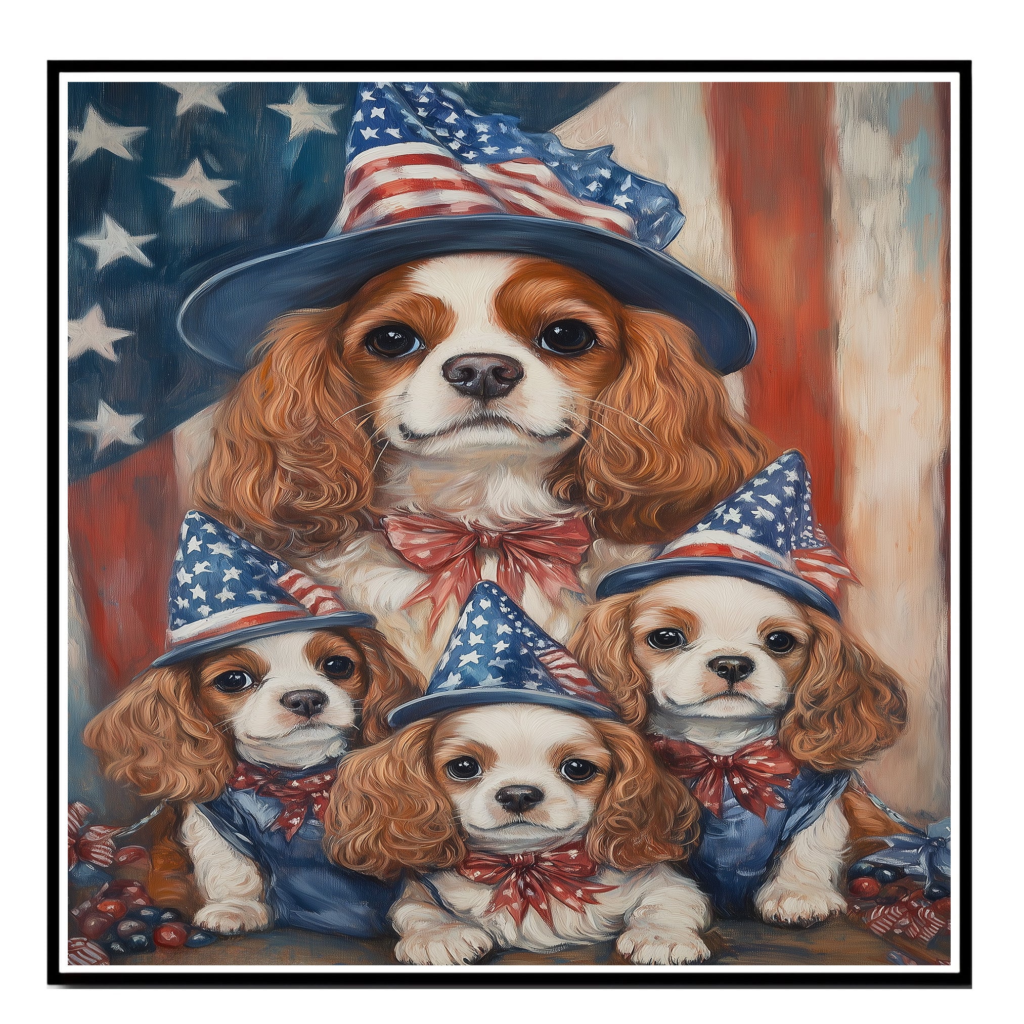Cavalier King Charles Spaniel Mother and Puppies in Patriotic Hats with American Flag Background Oil Painting on Ready to Hang 1.5" Thick Canvas Wrap, Floating Framed Canvas, Flat Rolled Canvas