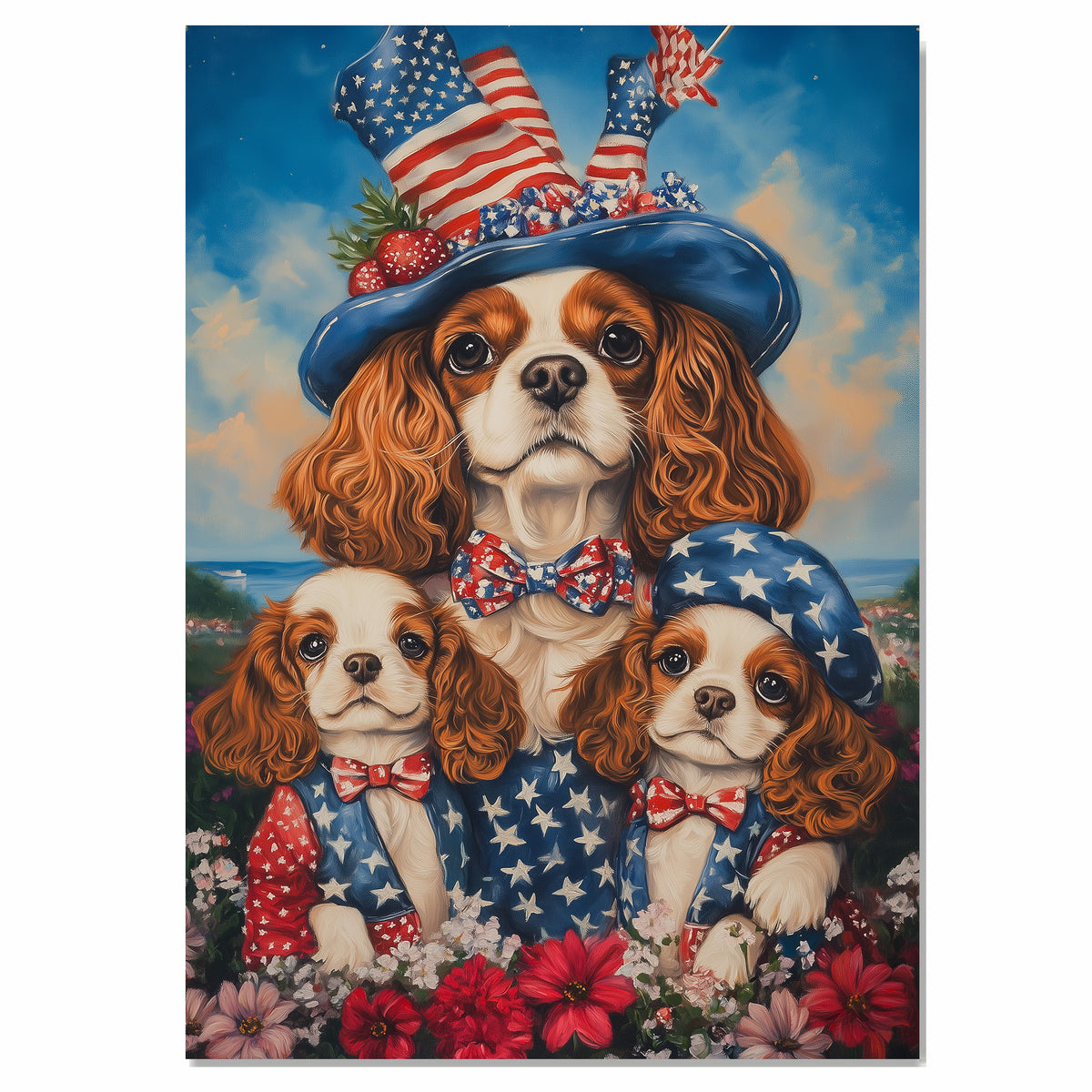 Mother Cavalier King Charles Spaniel and Puppies in Patriotic Starry Outfits with Festive Hat Oil Painting on Ready to Hang 1.5" Thick Canvas Wrap, Floating Framed Canvas, Flat Rolled Canvas