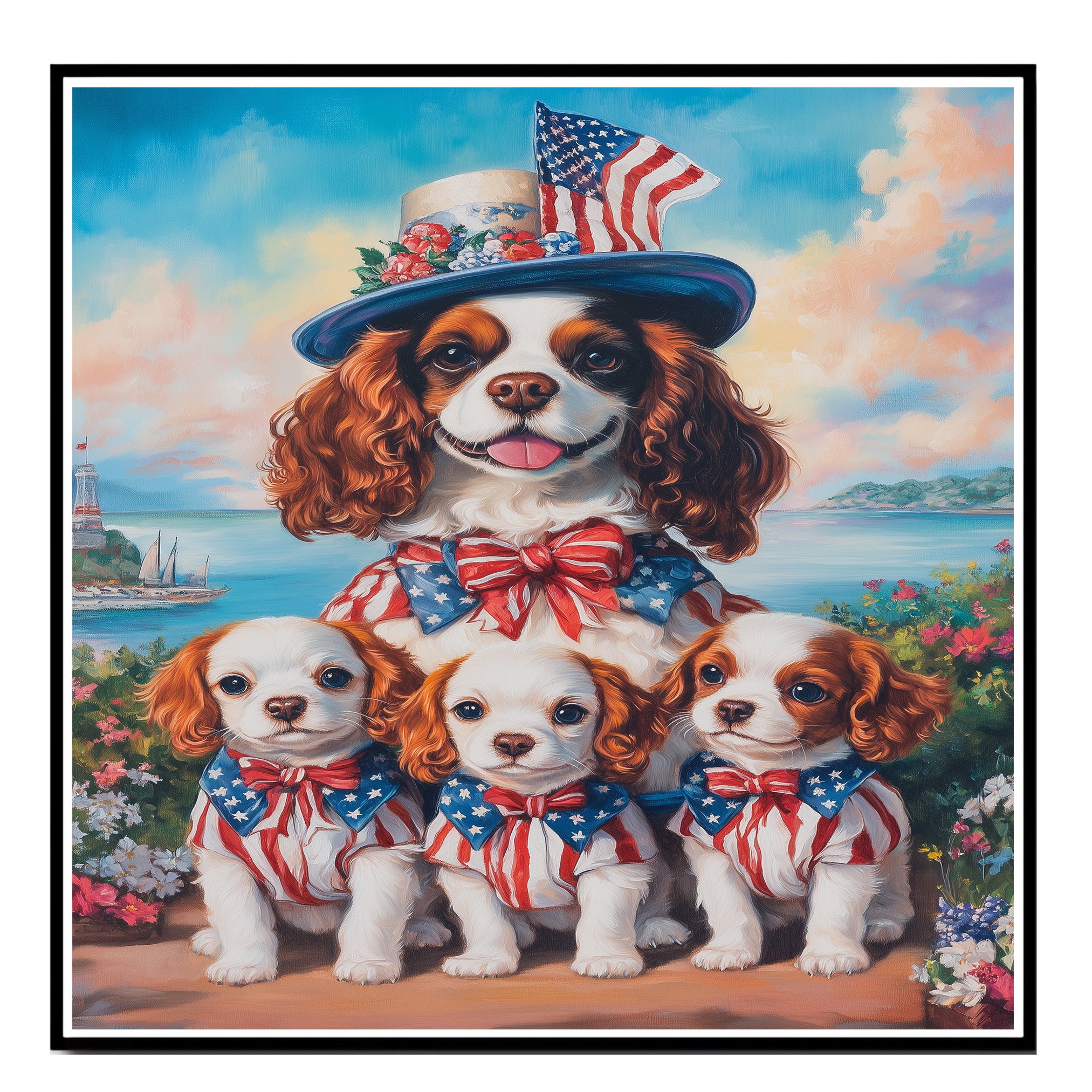 Mother Cavalier King Charles Spaniel with Puppies in Patriotic Outfits and Flag Hat Oil Painting on Ready to Hang 1.5" Thick Canvas Wrap, Floating Framed Canvas, Flat Rolled Canvas