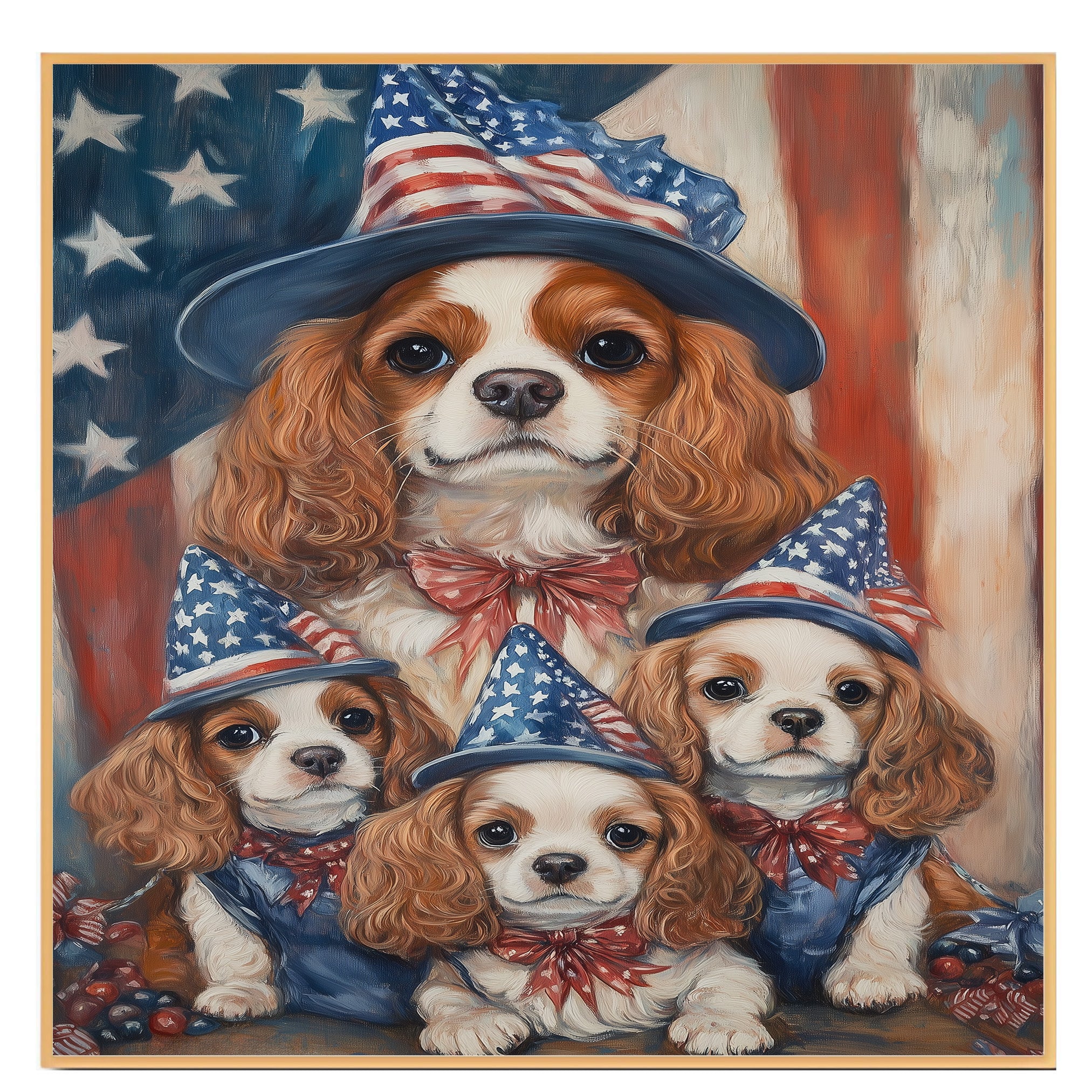 Cavalier King Charles Spaniel Mother and Puppies in Patriotic Hats with American Flag Background Oil Painting on Ready to Hang 1.5" Thick Canvas Wrap, Floating Framed Canvas, Flat Rolled Canvas
