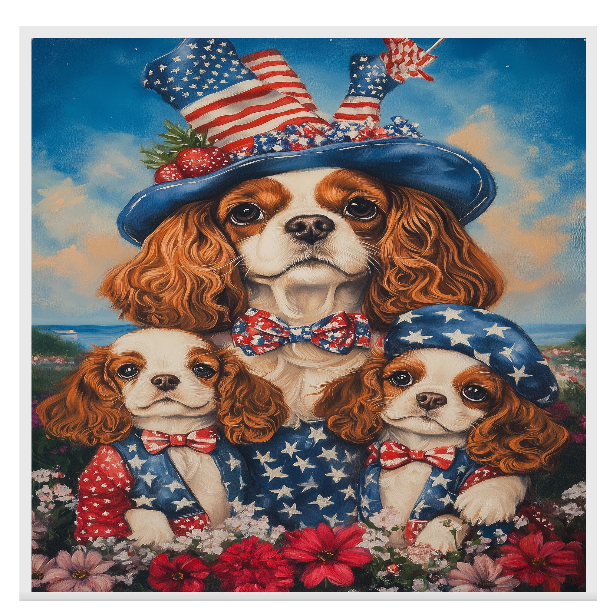 Mother Cavalier King Charles Spaniel and Puppies in Patriotic Starry Outfits with Festive Hat Oil Painting on Ready to Hang 1.5" Thick Canvas Wrap, Floating Framed Canvas, Flat Rolled Canvas
