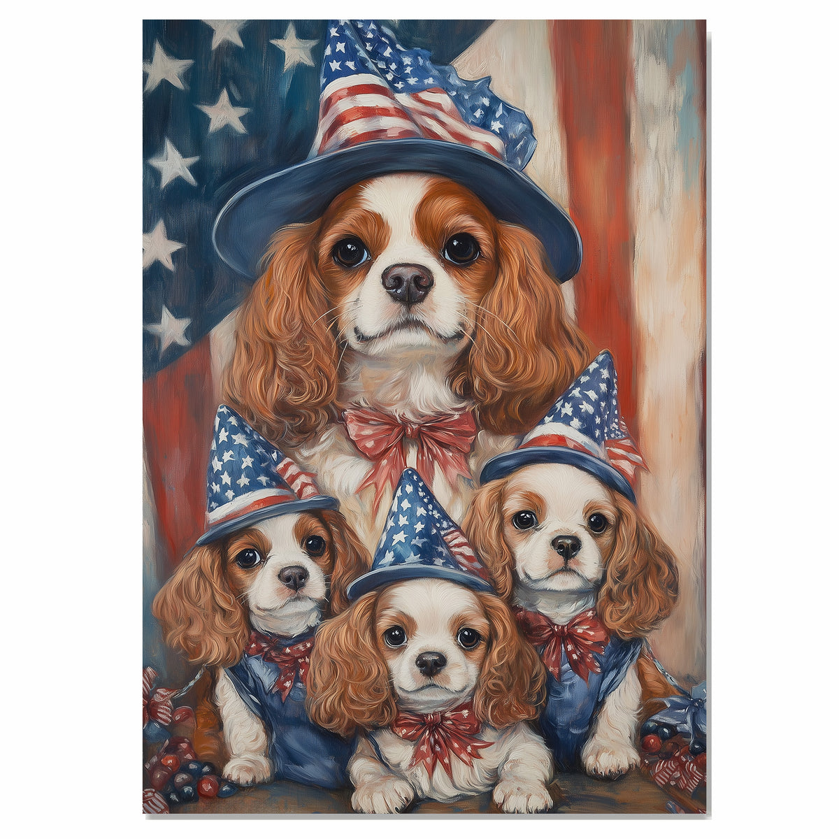 Cavalier King Charles Spaniel Mother and Puppies in Patriotic Hats with American Flag Background Oil Painting on Ready to Hang 1.5" Thick Canvas Wrap, Floating Framed Canvas, Flat Rolled Canvas