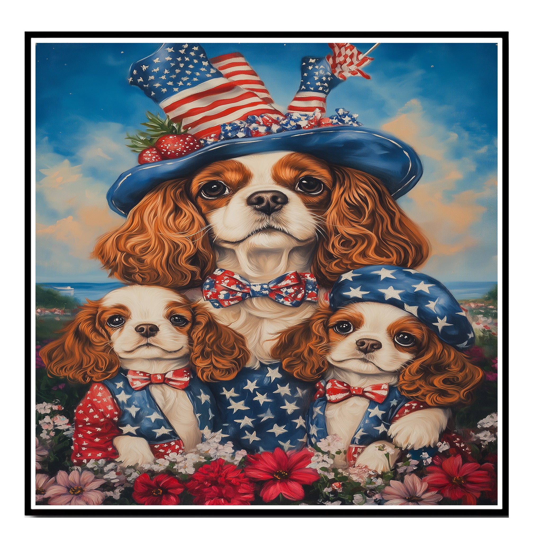 Mother Cavalier King Charles Spaniel and Puppies in Patriotic Starry Outfits with Festive Hat Oil Painting on Ready to Hang 1.5" Thick Canvas Wrap, Floating Framed Canvas, Flat Rolled Canvas