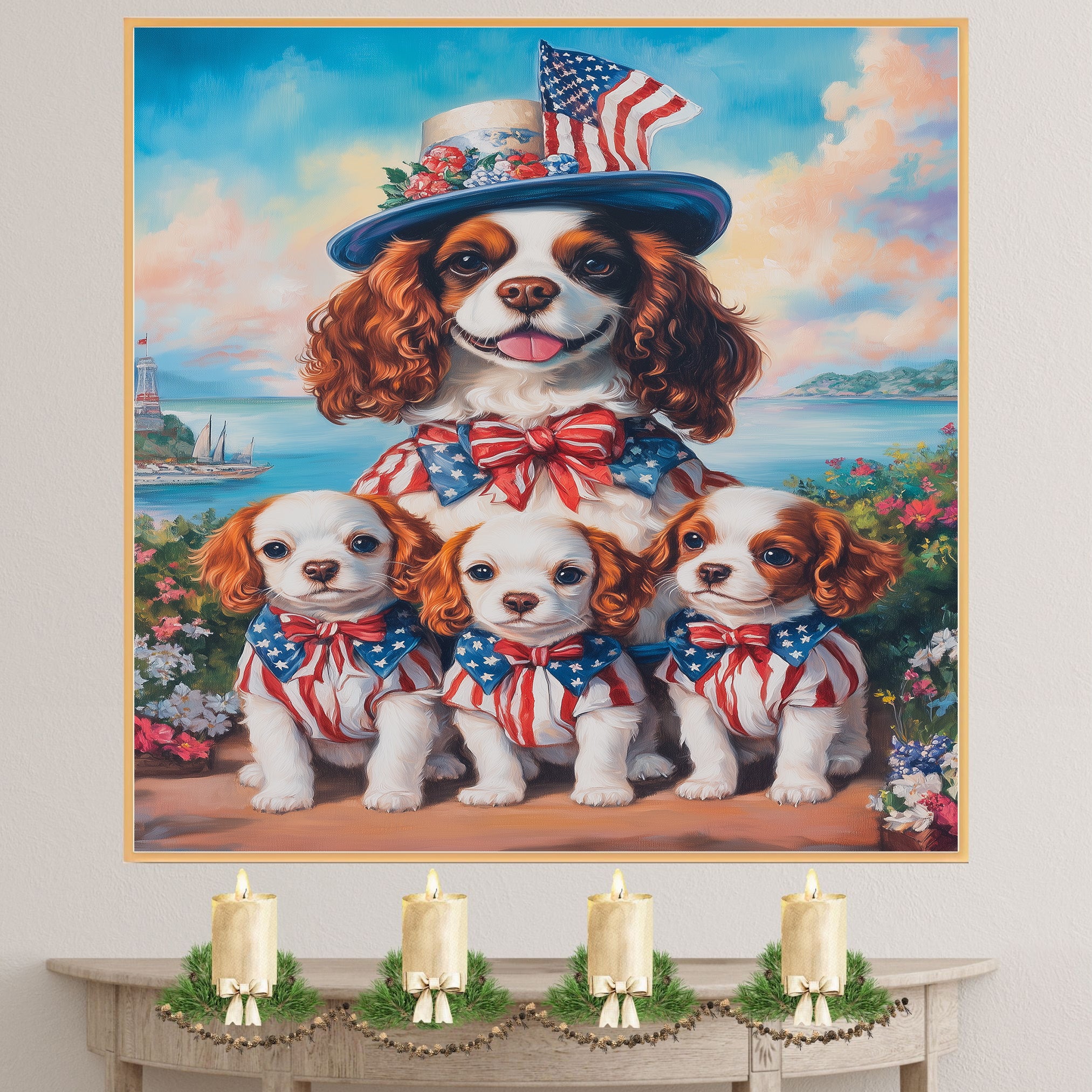 Mother Cavalier King Charles Spaniel with Puppies in Patriotic Outfits and Flag Hat Oil Painting on Ready to Hang 1.5" Thick Canvas Wrap, Floating Framed Canvas, Flat Rolled Canvas