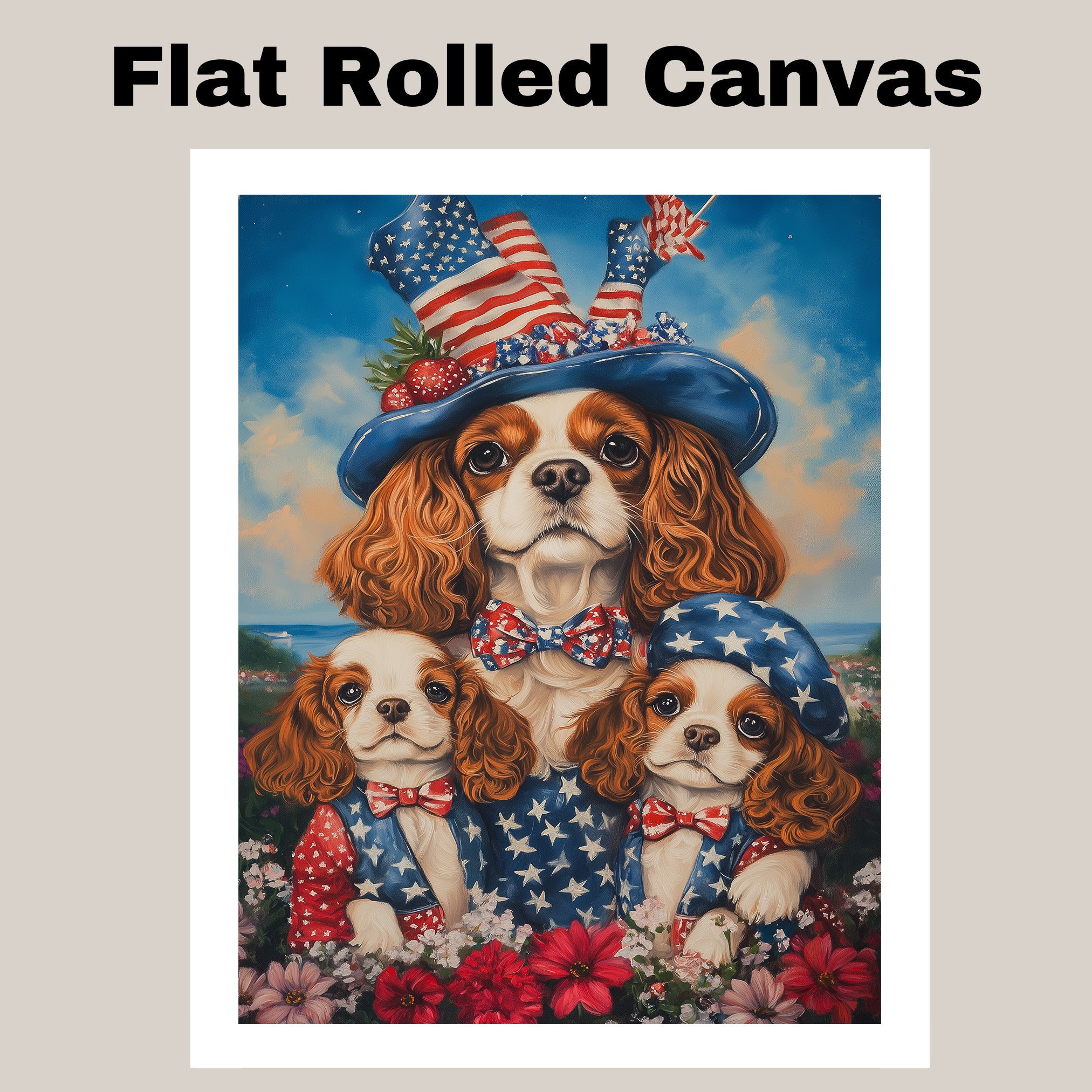 Mother Cavalier King Charles Spaniel and Puppies in Patriotic Starry Outfits with Festive Hat Oil Painting on Ready to Hang 1.5" Thick Canvas Wrap, Floating Framed Canvas, Flat Rolled Canvas