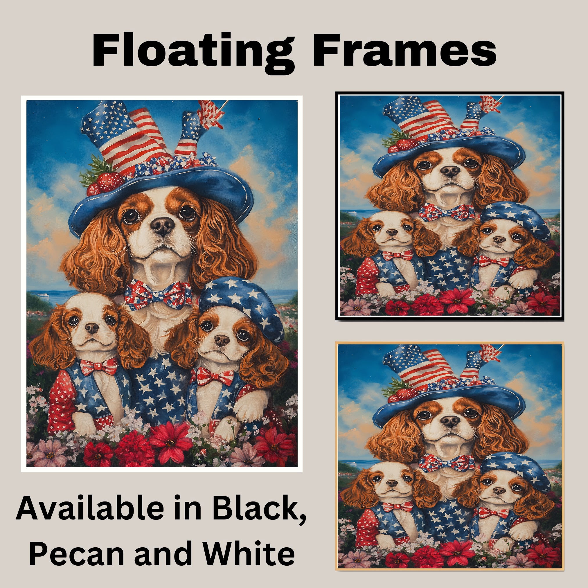 Mother Cavalier King Charles Spaniel and Puppies in Patriotic Starry Outfits with Festive Hat Oil Painting on Ready to Hang 1.5" Thick Canvas Wrap, Floating Framed Canvas, Flat Rolled Canvas