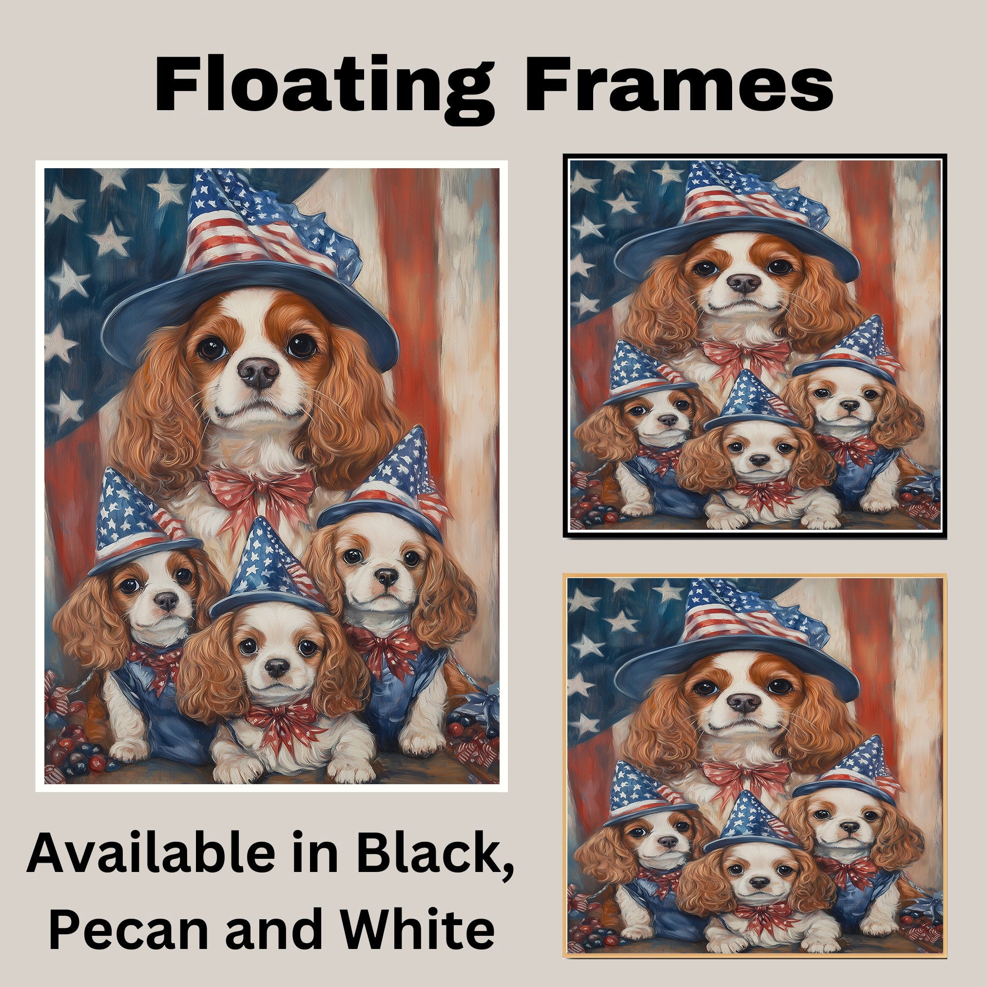 Cavalier King Charles Spaniel Mother and Puppies in Patriotic Hats with American Flag Background Oil Painting on Ready to Hang 1.5" Thick Canvas Wrap, Floating Framed Canvas, Flat Rolled Canvas
