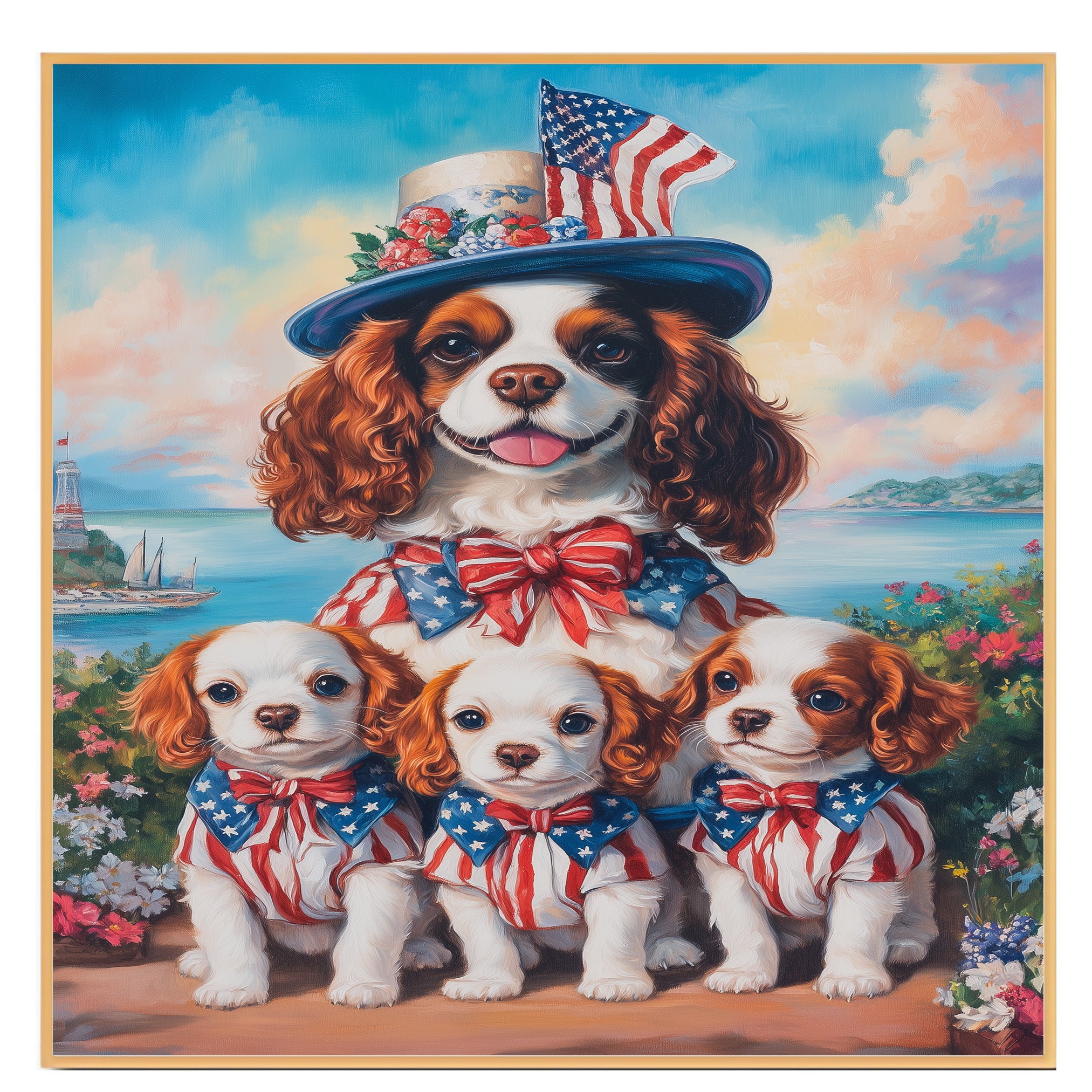 Mother Cavalier King Charles Spaniel with Puppies in Patriotic Outfits and Flag Hat Oil Painting on Ready to Hang 1.5" Thick Canvas Wrap, Floating Framed Canvas, Flat Rolled Canvas