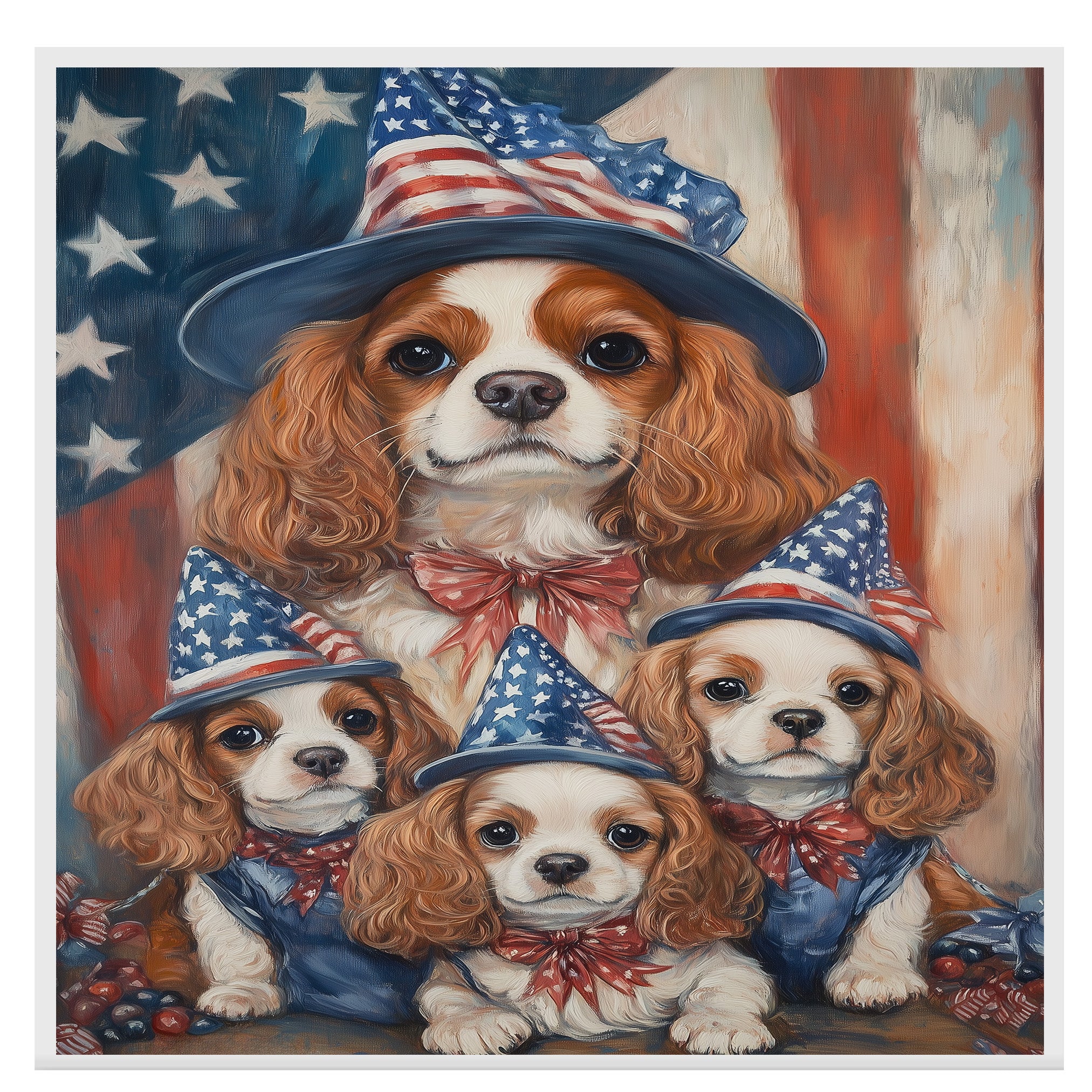 Cavalier King Charles Spaniel Mother and Puppies in Patriotic Hats with American Flag Background Oil Painting on Ready to Hang 1.5" Thick Canvas Wrap, Floating Framed Canvas, Flat Rolled Canvas