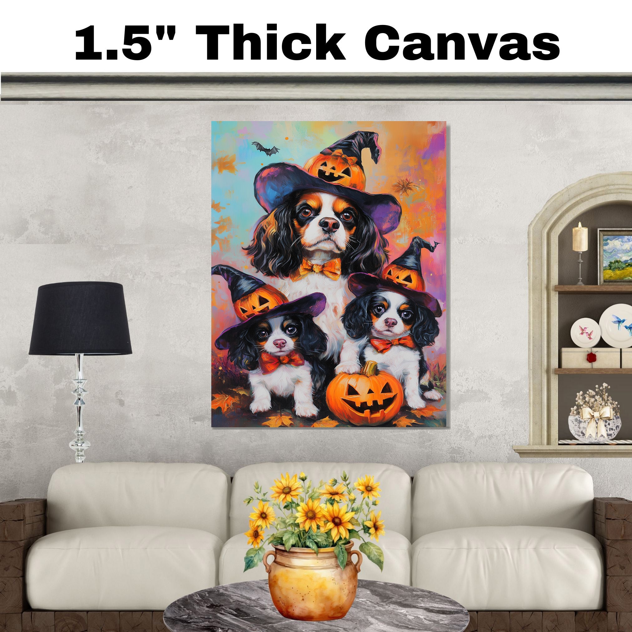 Cavalier King Charles Spaniel Halloween Canvas Wall Art with Pumpkins Rustic Fall Farmhouse Accent for Dog Lovers on Ready to Hang 1.5" Thick Canvas Wrap, Floating Framed Canvas, Flat Rolled Canvas