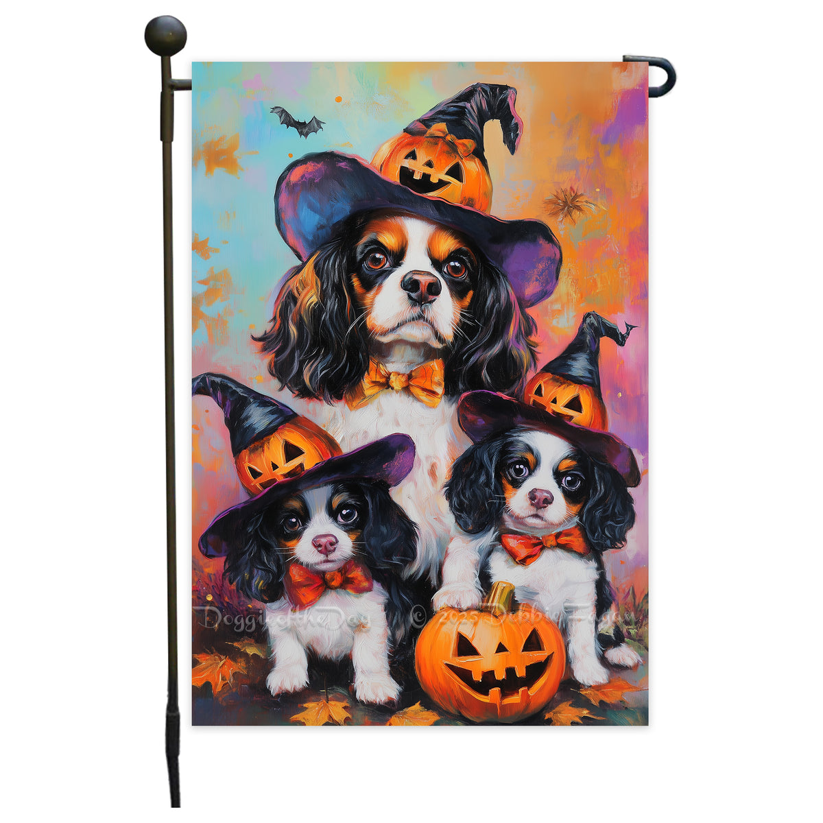 Cavalier King Charles Spaniel Witch Hat Garden Flag for Halloween Pumpkin Bats Autumn Yard Banner for Outside Spooky Decoration for Fall Party Lawn Decor