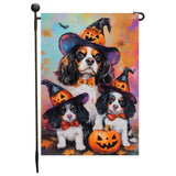 Cavalier King Charles Spaniel Witch Hat Garden Flag for Halloween Pumpkin Bats Autumn Yard Banner for Outside Spooky Decoration for Fall Party Lawn Decor