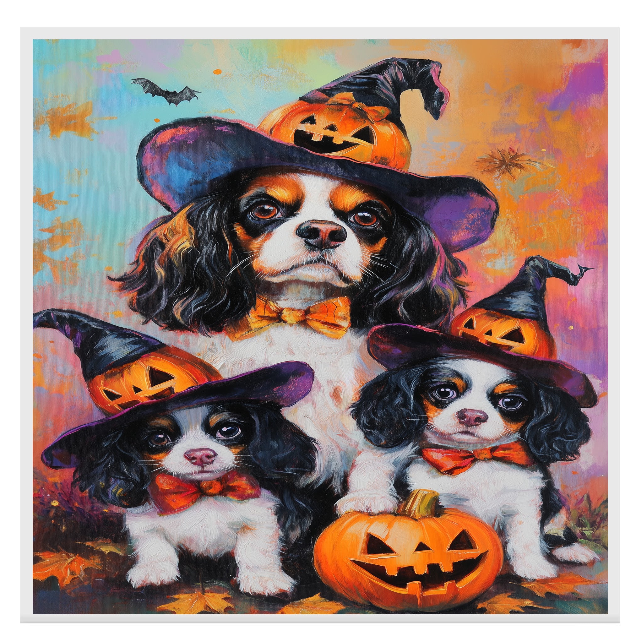 Cavalier King Charles Spaniel Halloween Canvas Wall Art with Pumpkins Rustic Fall Farmhouse Accent for Dog Lovers on Ready to Hang 1.5" Thick Canvas Wrap, Floating Framed Canvas, Flat Rolled Canvas