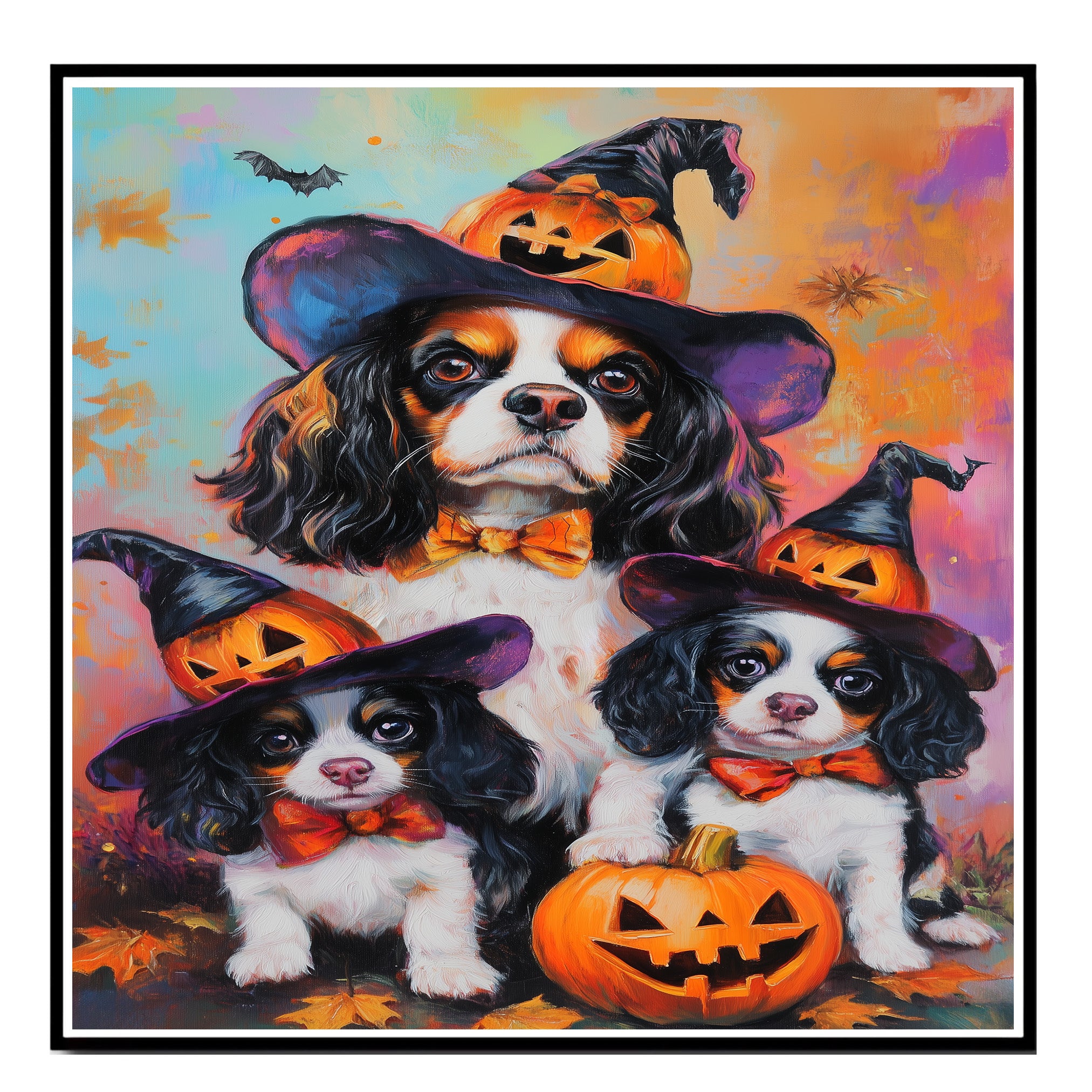 Cavalier King Charles Spaniel Halloween Canvas Wall Art with Pumpkins Rustic Fall Farmhouse Accent for Dog Lovers on Ready to Hang 1.5" Thick Canvas Wrap, Floating Framed Canvas, Flat Rolled Canvas