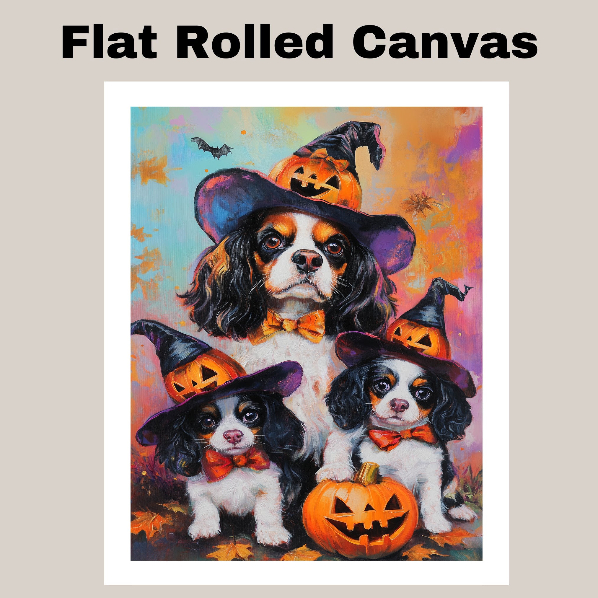 Cavalier King Charles Spaniel Halloween Canvas Wall Art with Pumpkins Rustic Fall Farmhouse Accent for Dog Lovers on Ready to Hang 1.5" Thick Canvas Wrap, Floating Framed Canvas, Flat Rolled Canvas
