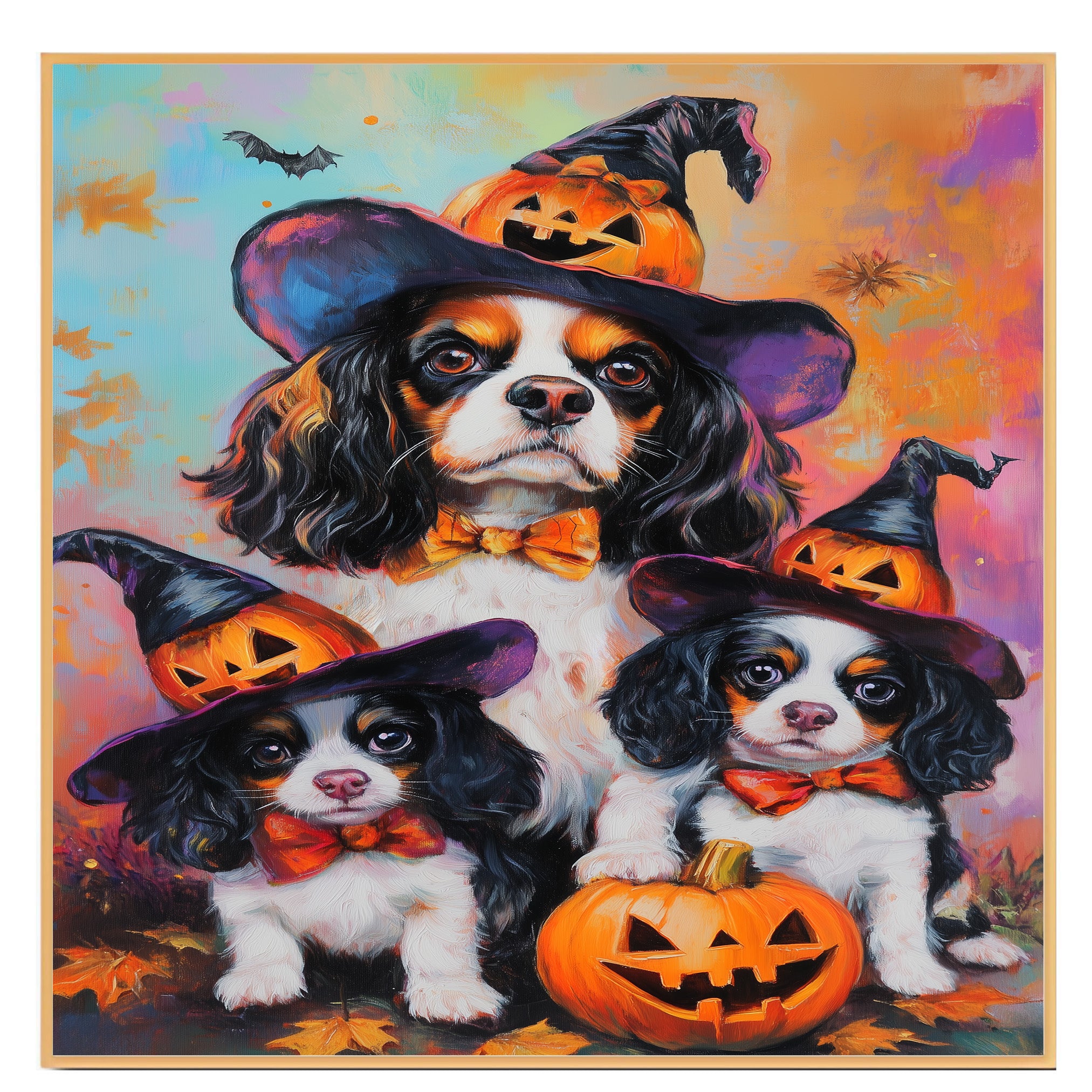 Cavalier King Charles Spaniel Halloween Canvas Wall Art with Pumpkins Rustic Fall Farmhouse Accent for Dog Lovers on Ready to Hang 1.5" Thick Canvas Wrap, Floating Framed Canvas, Flat Rolled Canvas