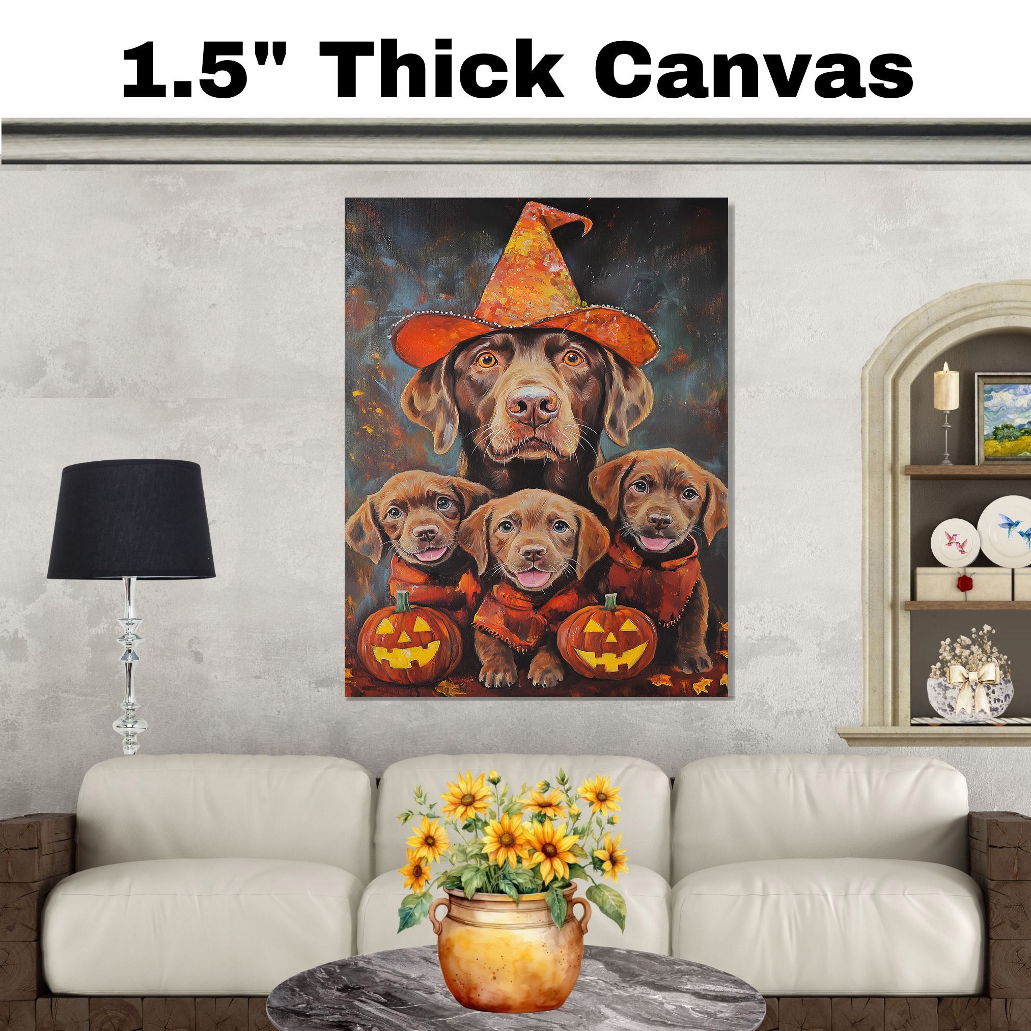 Chesapeake Bay Retriever Halloween Canvas Wall Art with Pumpkins Rustic Fall Farmhouse Decor for Cozy Autumn Homes on Ready to Hang 1.5" Thick Canvas Wrap, Floating Framed Canvas, Flat Rolled Canvas
