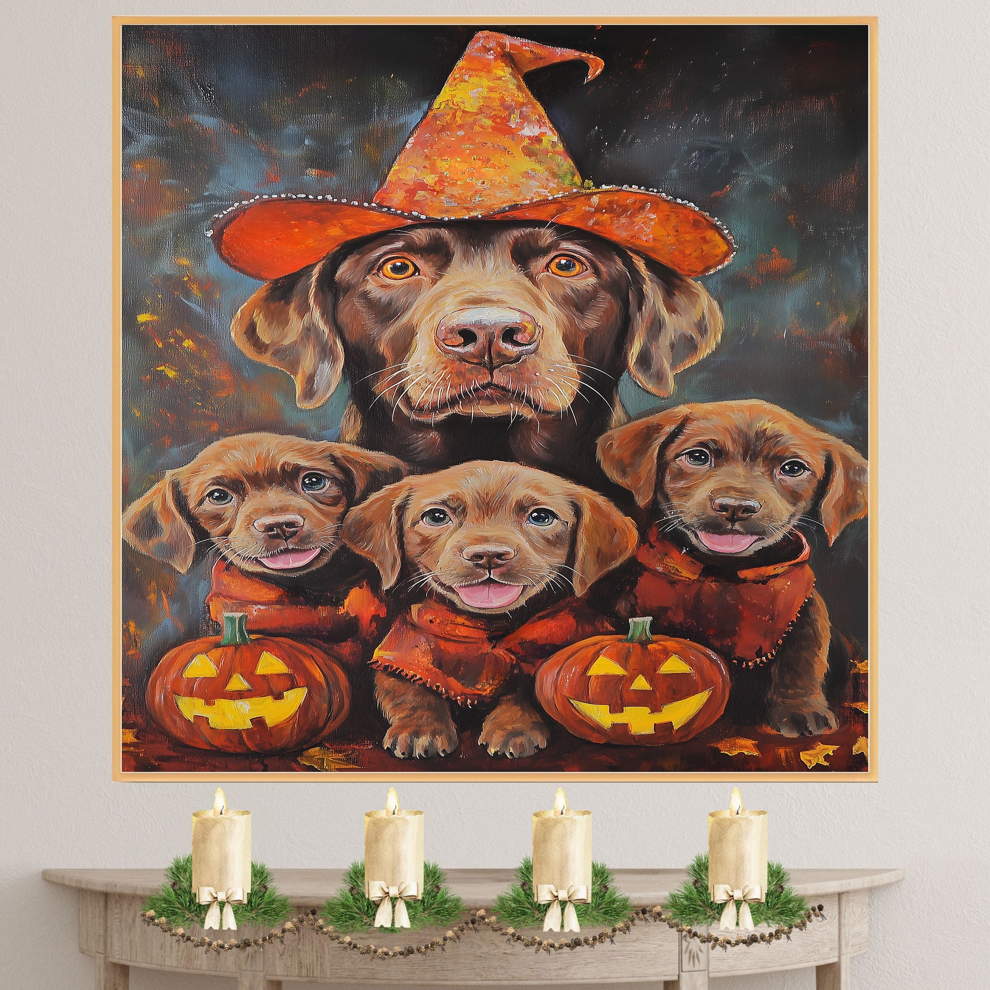 Chesapeake Bay Retriever Halloween Canvas Wall Art with Pumpkins Rustic Fall Farmhouse Decor for Cozy Autumn Homes on Ready to Hang 1.5" Thick Canvas Wrap, Floating Framed Canvas, Flat Rolled Canvas