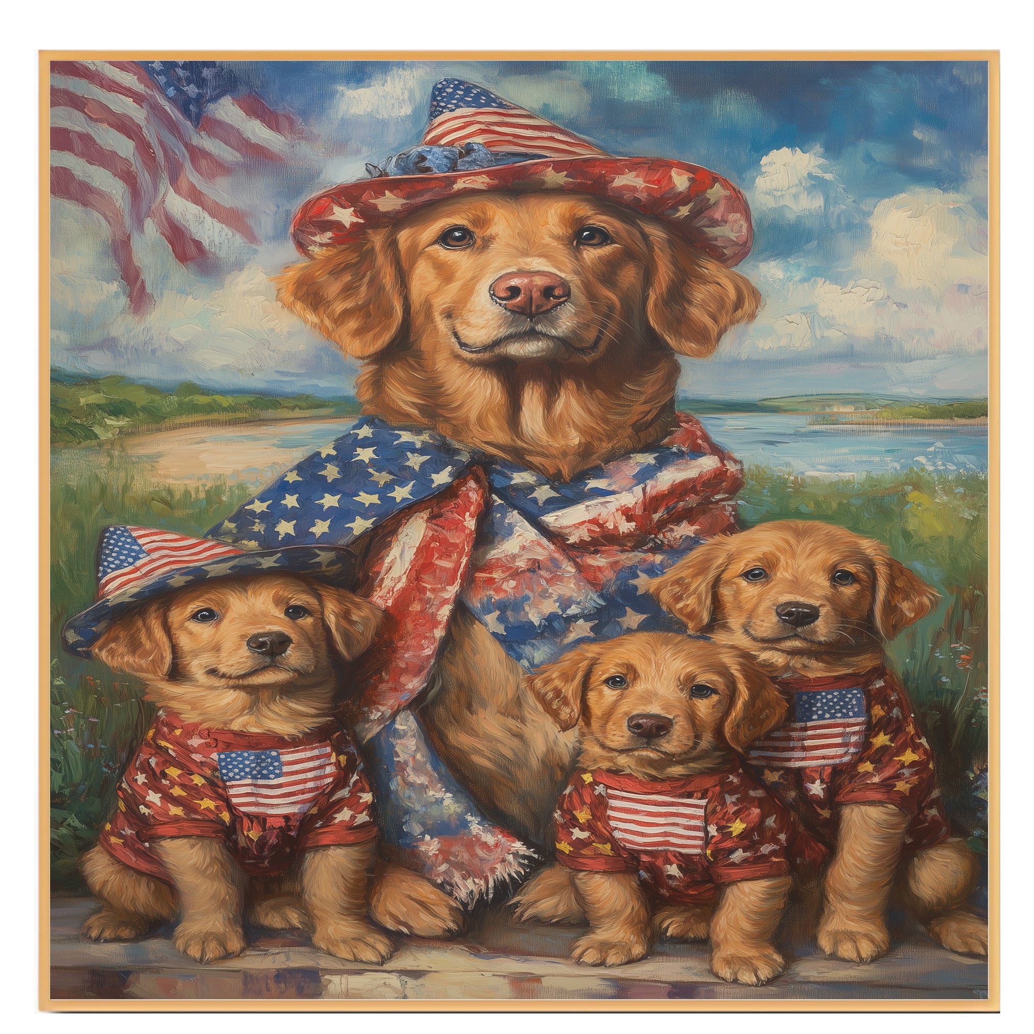 Chesapeake Bay Retriever Mother and Puppies in Patriotic Outfits with American Flag and Coastal Background Oil Painting on Ready to Hang 1.5" Thick Canvas Wrap, Floating Framed Canvas, Flat Rolled Canvas