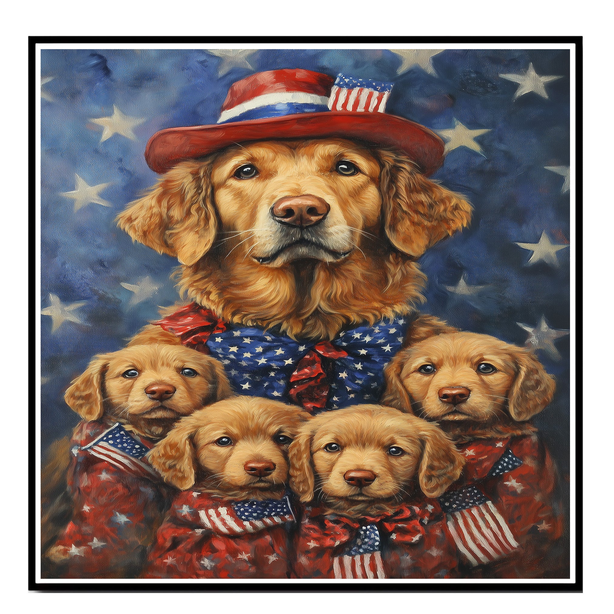 Chesapeake Bay Retriever Mom with Four Puppies in American Flag Outfits and Starry Background Oil Painting on Ready to Hang 1.5" Thick Canvas Wrap, Floating Framed Canvas, Flat Rolled Canvas