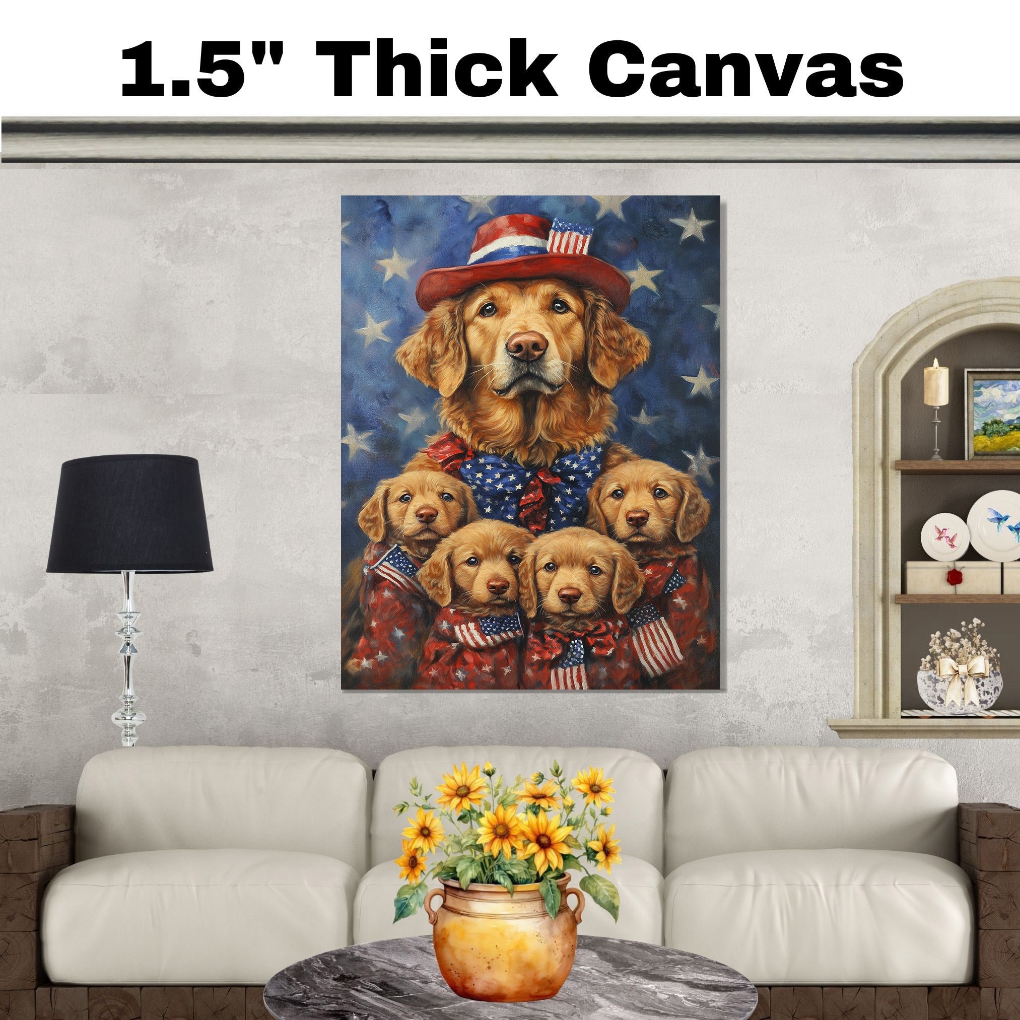 Chesapeake Bay Retriever Mom with Four Puppies in American Flag Outfits and Starry Background Oil Painting on Ready to Hang 1.5" Thick Canvas Wrap, Floating Framed Canvas, Flat Rolled Canvas