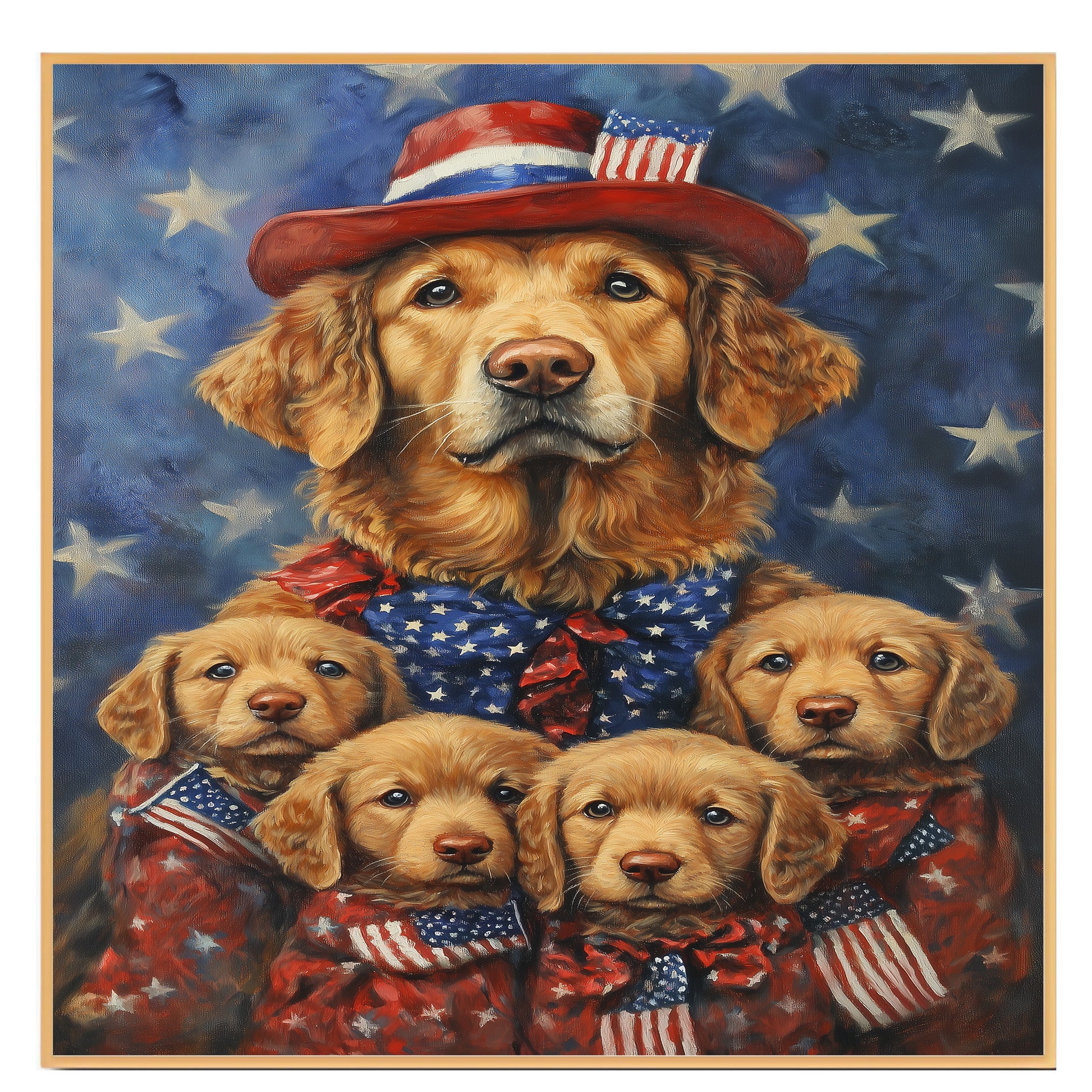 Chesapeake Bay Retriever Mom with Four Puppies in American Flag Outfits and Starry Background Oil Painting on Ready to Hang 1.5" Thick Canvas Wrap, Floating Framed Canvas, Flat Rolled Canvas