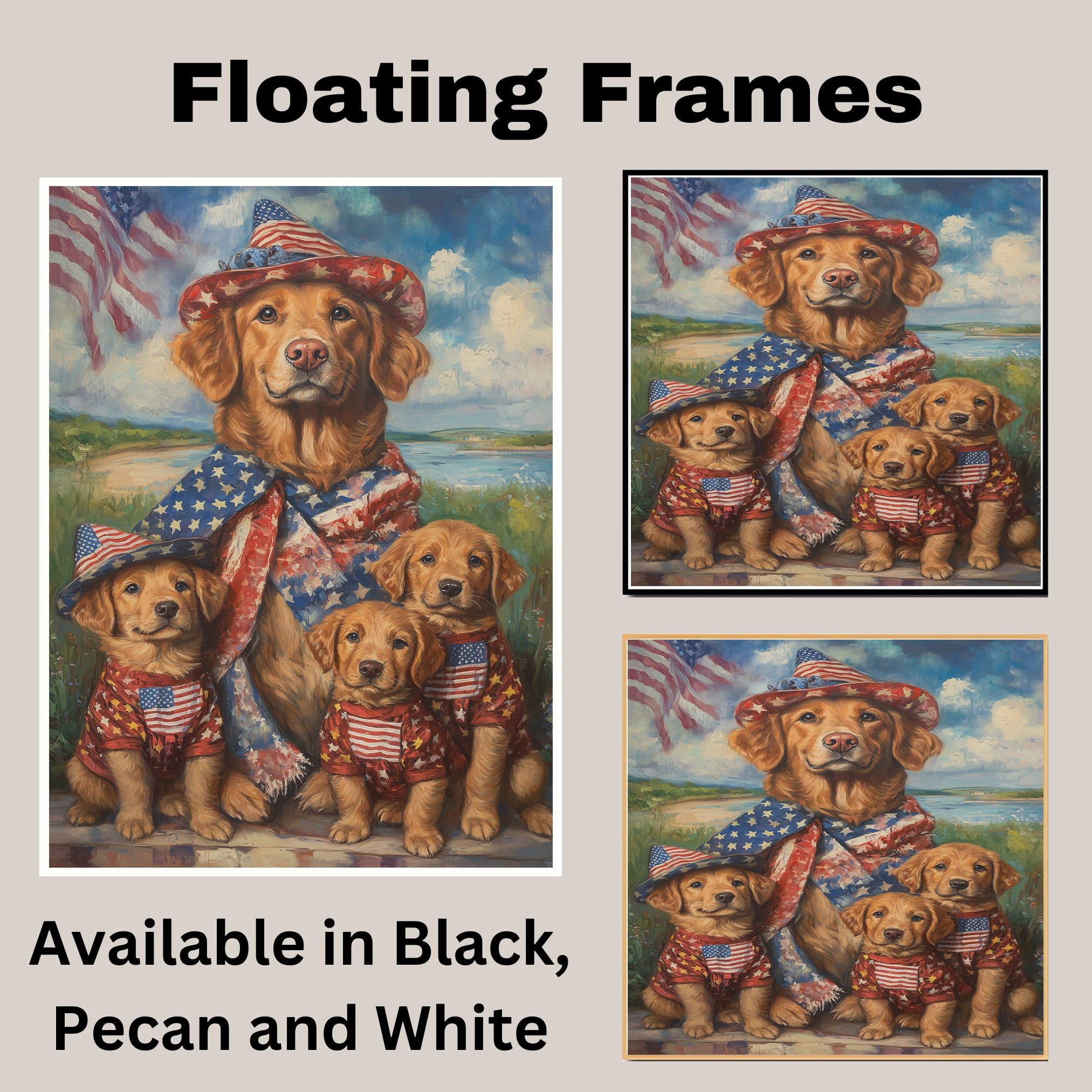 Chesapeake Bay Retriever Mother and Puppies in Patriotic Outfits with American Flag and Coastal Background Oil Painting on Ready to Hang 1.5" Thick Canvas Wrap, Floating Framed Canvas, Flat Rolled Canvas