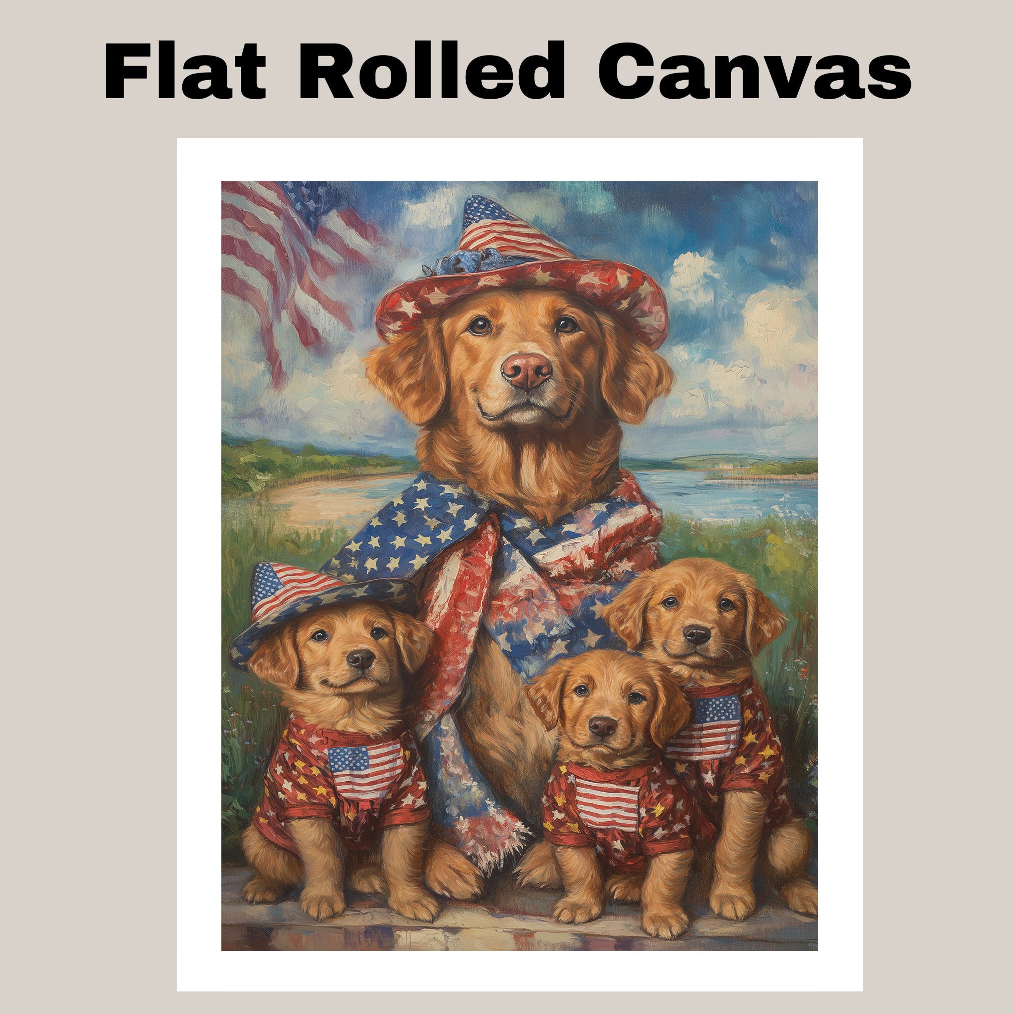 Chesapeake Bay Retriever Mother and Puppies in Patriotic Outfits with American Flag and Coastal Background Oil Painting on Ready to Hang 1.5" Thick Canvas Wrap, Floating Framed Canvas, Flat Rolled Canvas