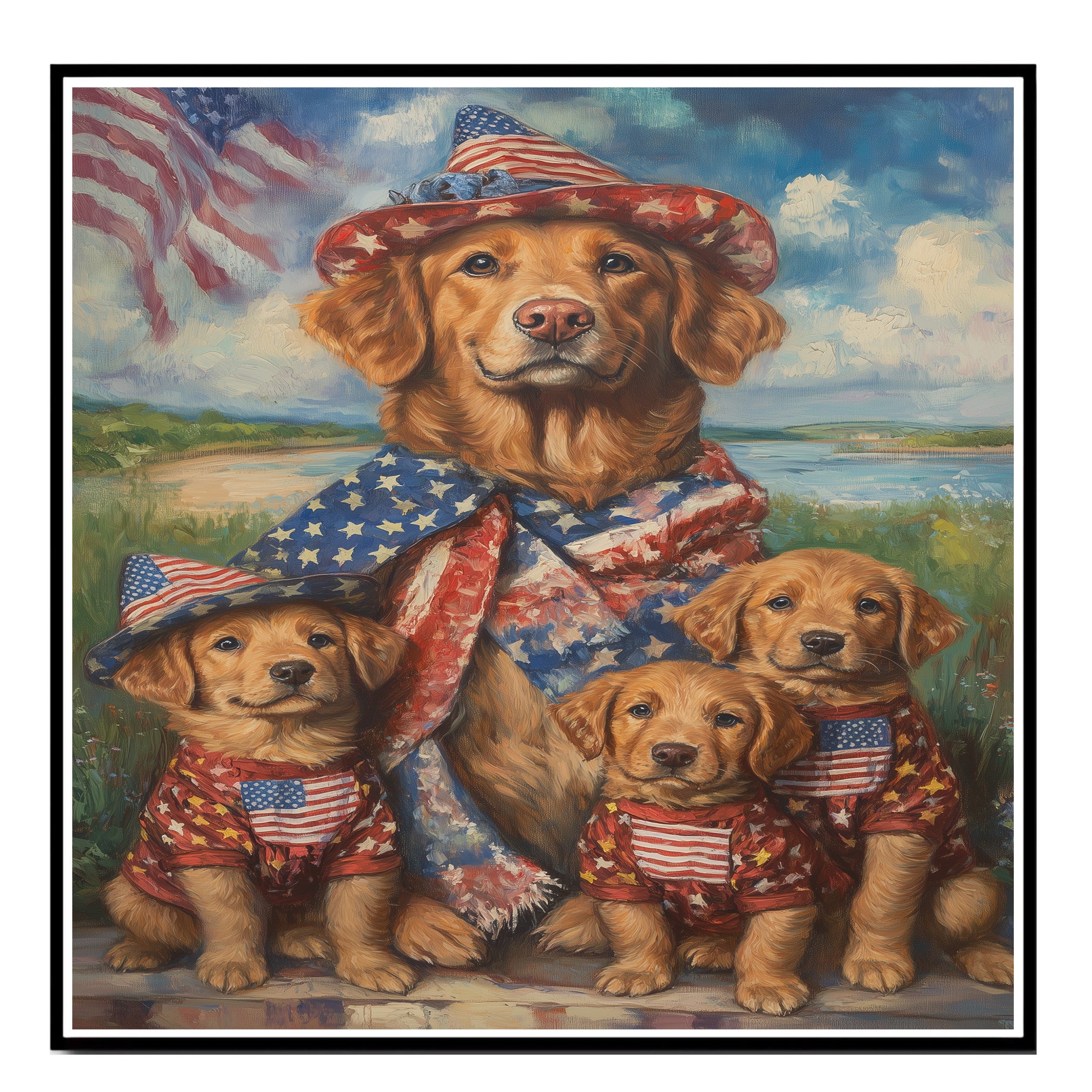 Chesapeake Bay Retriever Mother and Puppies in Patriotic Outfits with American Flag and Coastal Background Oil Painting on Ready to Hang 1.5" Thick Canvas Wrap, Floating Framed Canvas, Flat Rolled Canvas