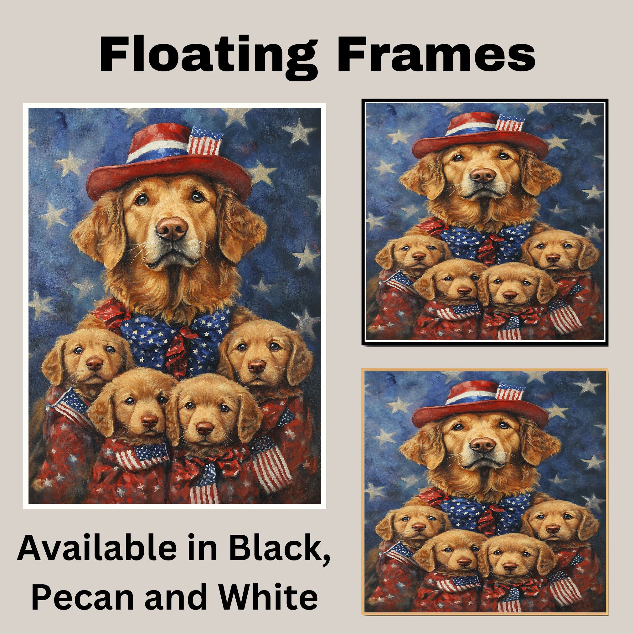 Chesapeake Bay Retriever Mom with Four Puppies in American Flag Outfits and Starry Background Oil Painting on Ready to Hang 1.5" Thick Canvas Wrap, Floating Framed Canvas, Flat Rolled Canvas