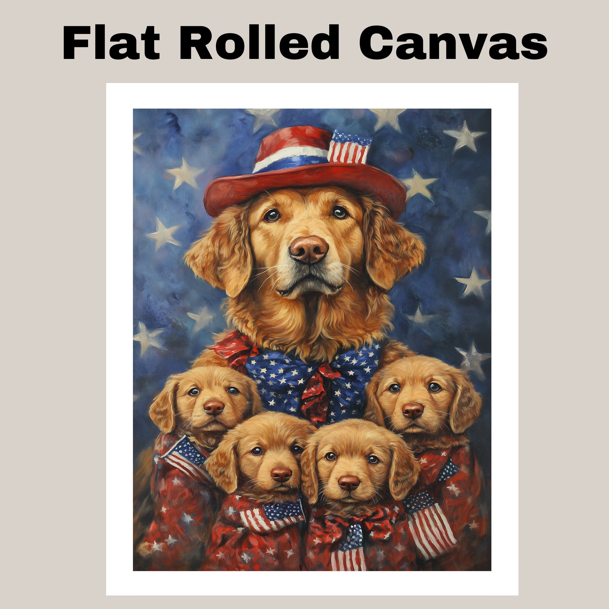 Chesapeake Bay Retriever Mom with Four Puppies in American Flag Outfits and Starry Background Oil Painting on Ready to Hang 1.5" Thick Canvas Wrap, Floating Framed Canvas, Flat Rolled Canvas