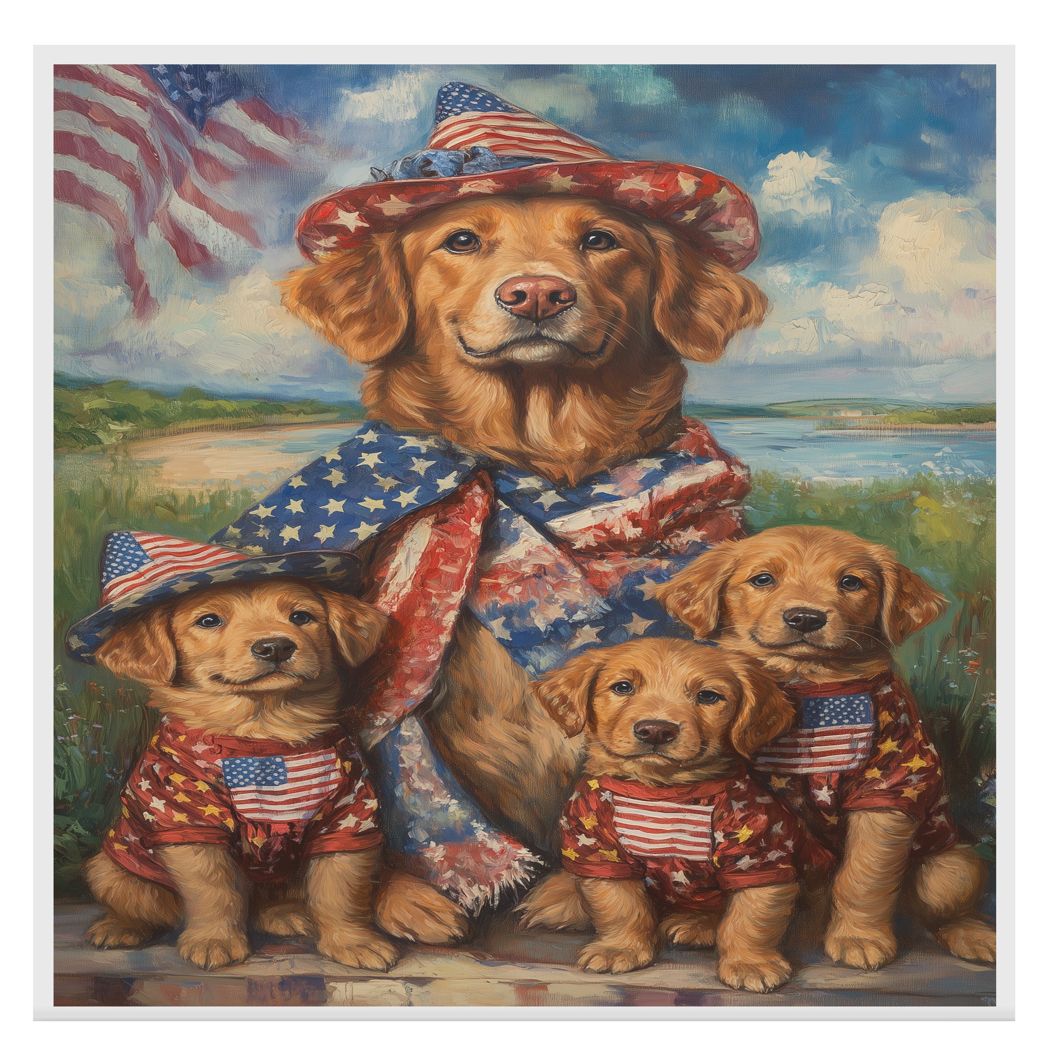 Chesapeake Bay Retriever Mother and Puppies in Patriotic Outfits with American Flag and Coastal Background Oil Painting on Ready to Hang 1.5" Thick Canvas Wrap, Floating Framed Canvas, Flat Rolled Canvas