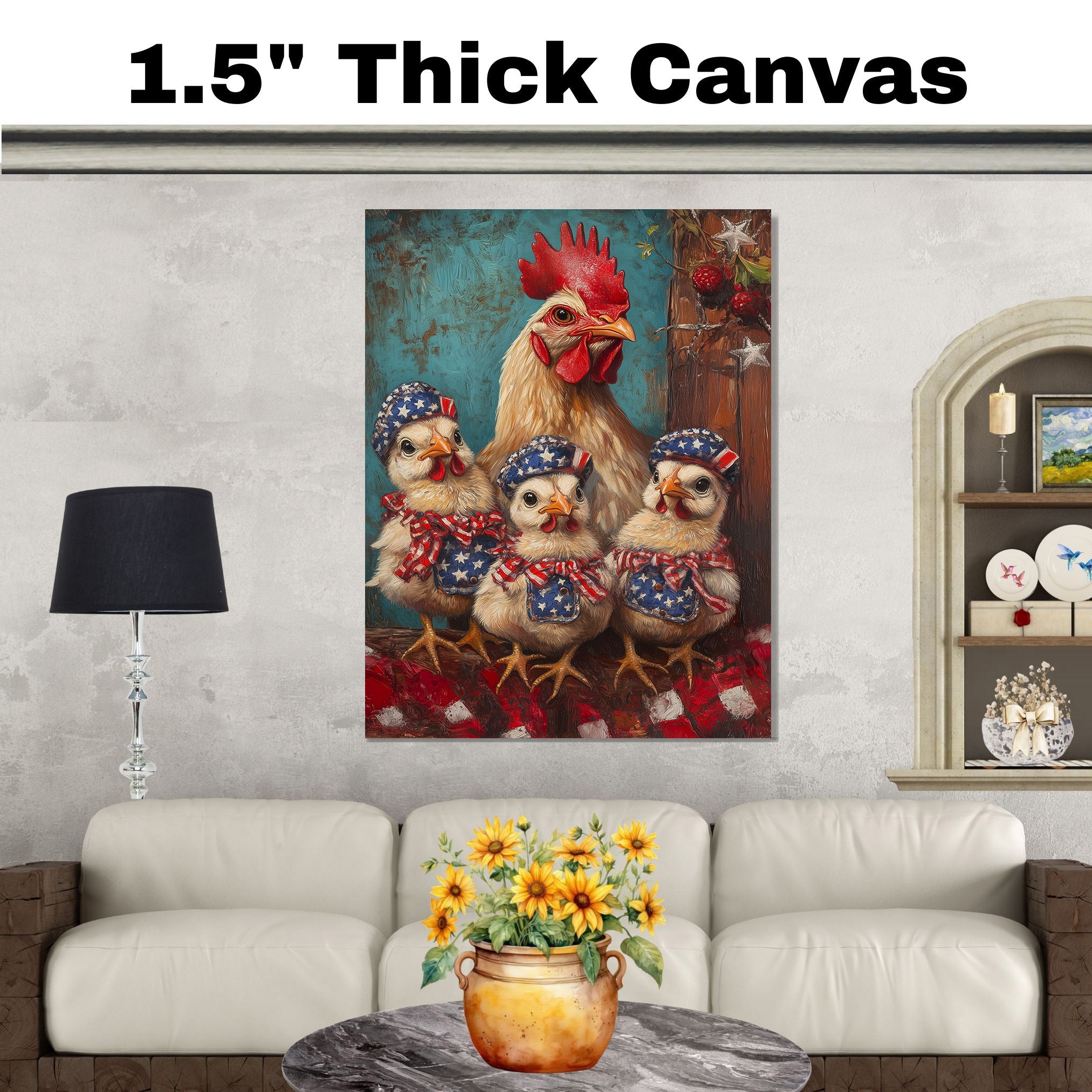 Mother Chicken with Three Baby Chicks in Patriotic Bandanas and Hats Oil Painting on Ready to Hang 1.5" Thick Canvas Wrap, Floating Framed Canvas, Flat Rolled Canvas