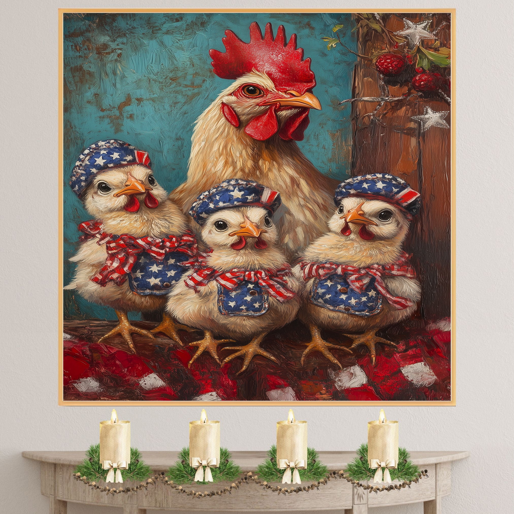 Mother Chicken with Three Baby Chicks in Patriotic Bandanas and Hats Oil Painting on Ready to Hang 1.5" Thick Canvas Wrap, Floating Framed Canvas, Flat Rolled Canvas