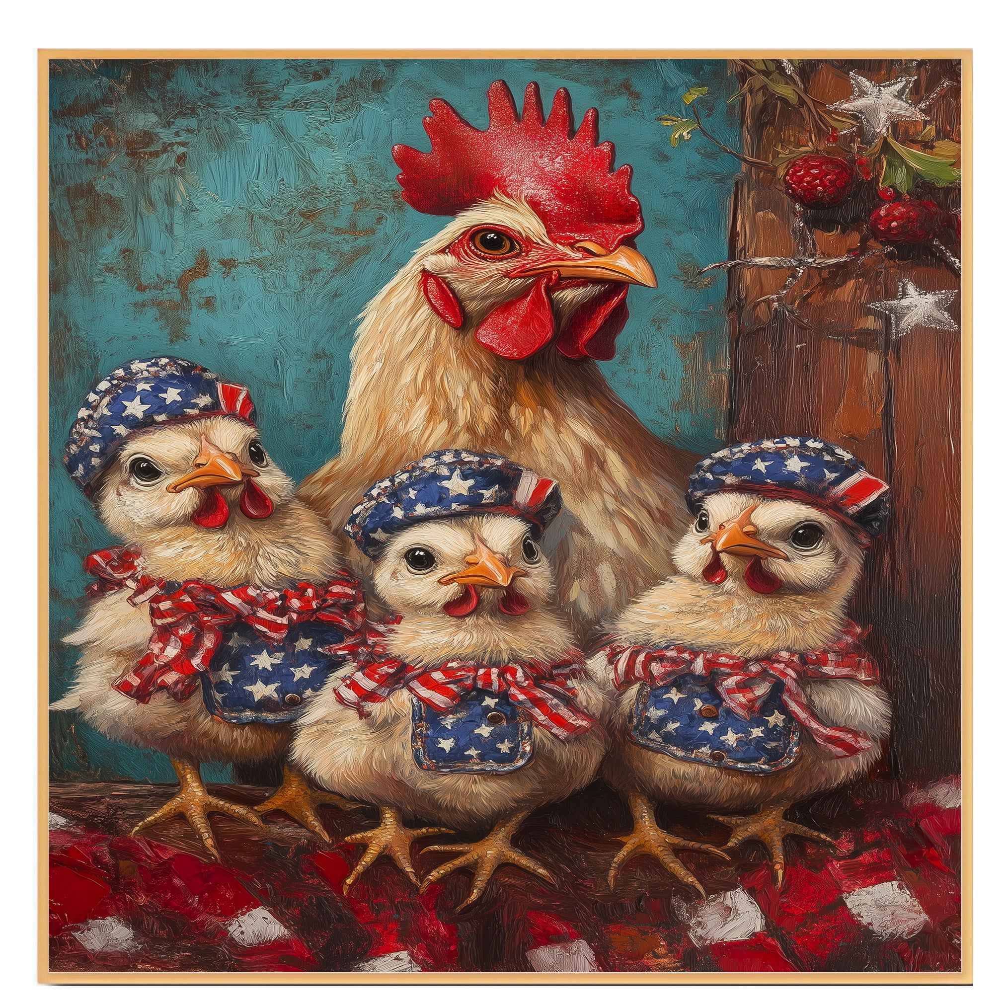 Mother Chicken with Three Baby Chicks in Patriotic Bandanas and Hats Oil Painting on Ready to Hang 1.5" Thick Canvas Wrap, Floating Framed Canvas, Flat Rolled Canvas