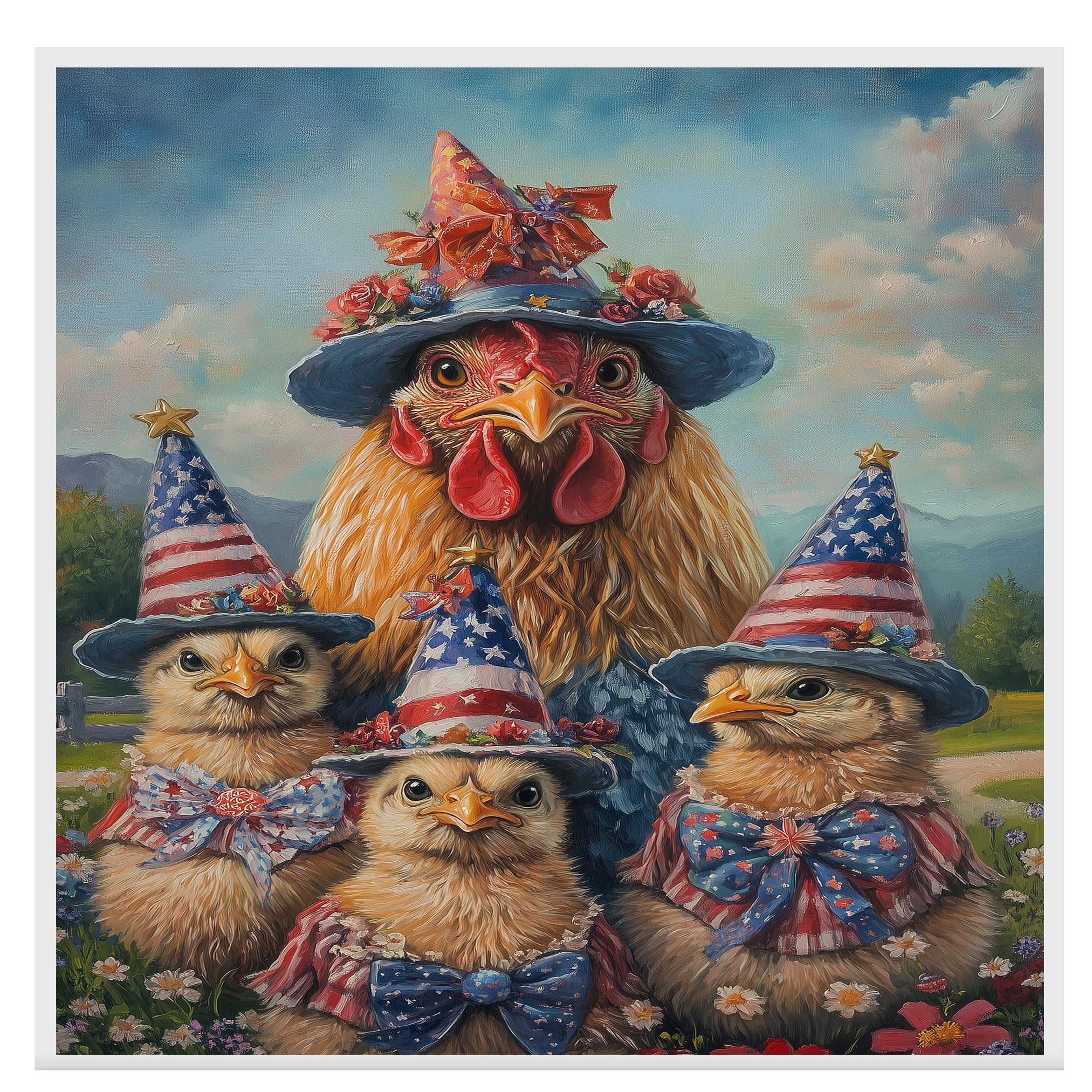 Mother Chicken with Three Baby Chicks in Patriotic Outfits and Hats American Flag Oil Painting on Ready to Hang 1.5" Thick Canvas Wrap, Floating Framed Canvas, Flat Rolled Canvas