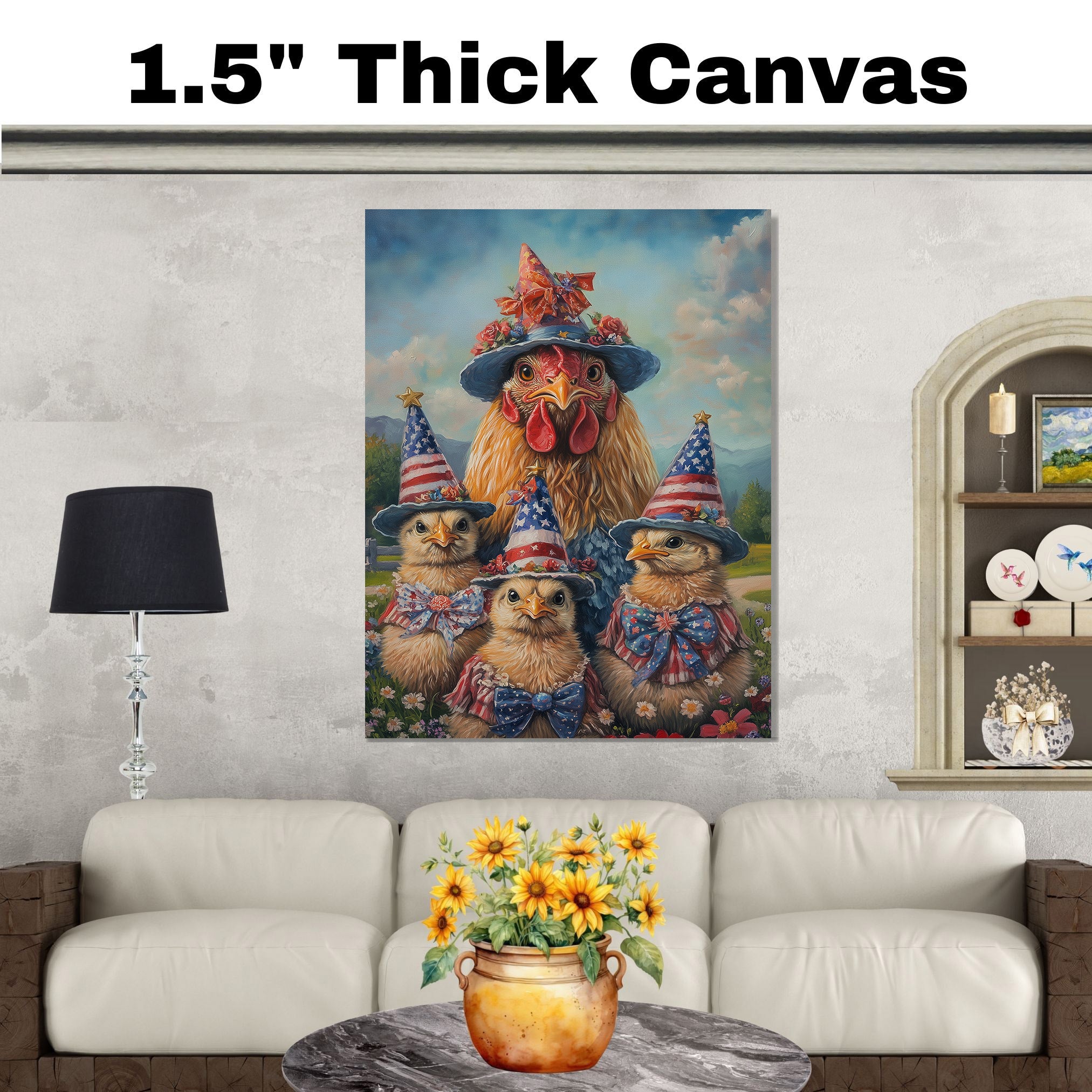 Mother Chicken with Three Baby Chicks in Patriotic Outfits and Hats American Flag Oil Painting on Ready to Hang 1.5" Thick Canvas Wrap, Floating Framed Canvas, Flat Rolled Canvas