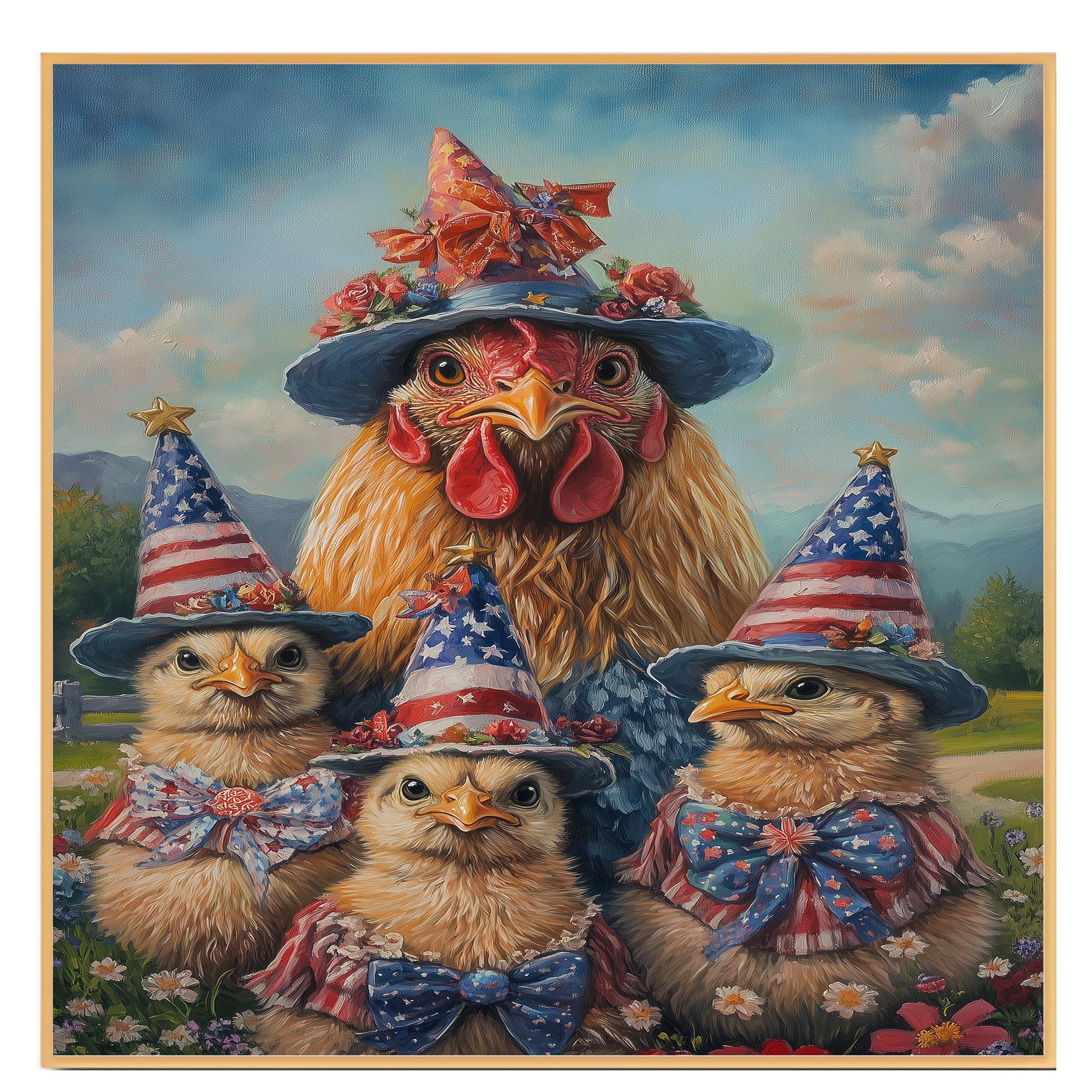 Mother Chicken with Three Baby Chicks in Patriotic Outfits and Hats American Flag Oil Painting on Ready to Hang 1.5" Thick Canvas Wrap, Floating Framed Canvas, Flat Rolled Canvas